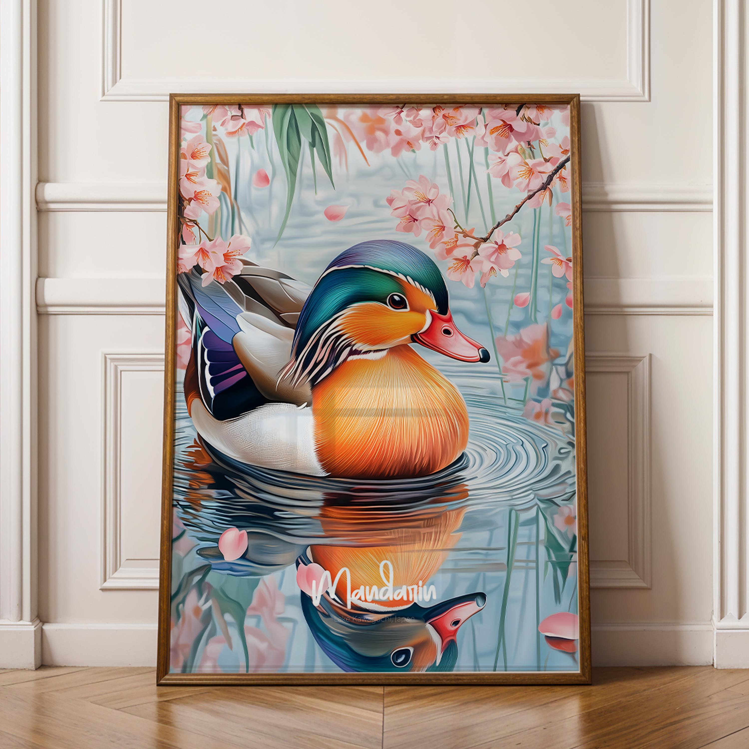 Mandarin Duck Framed Poster: Vibrant Wildlife Illustration, Nature Home Decor