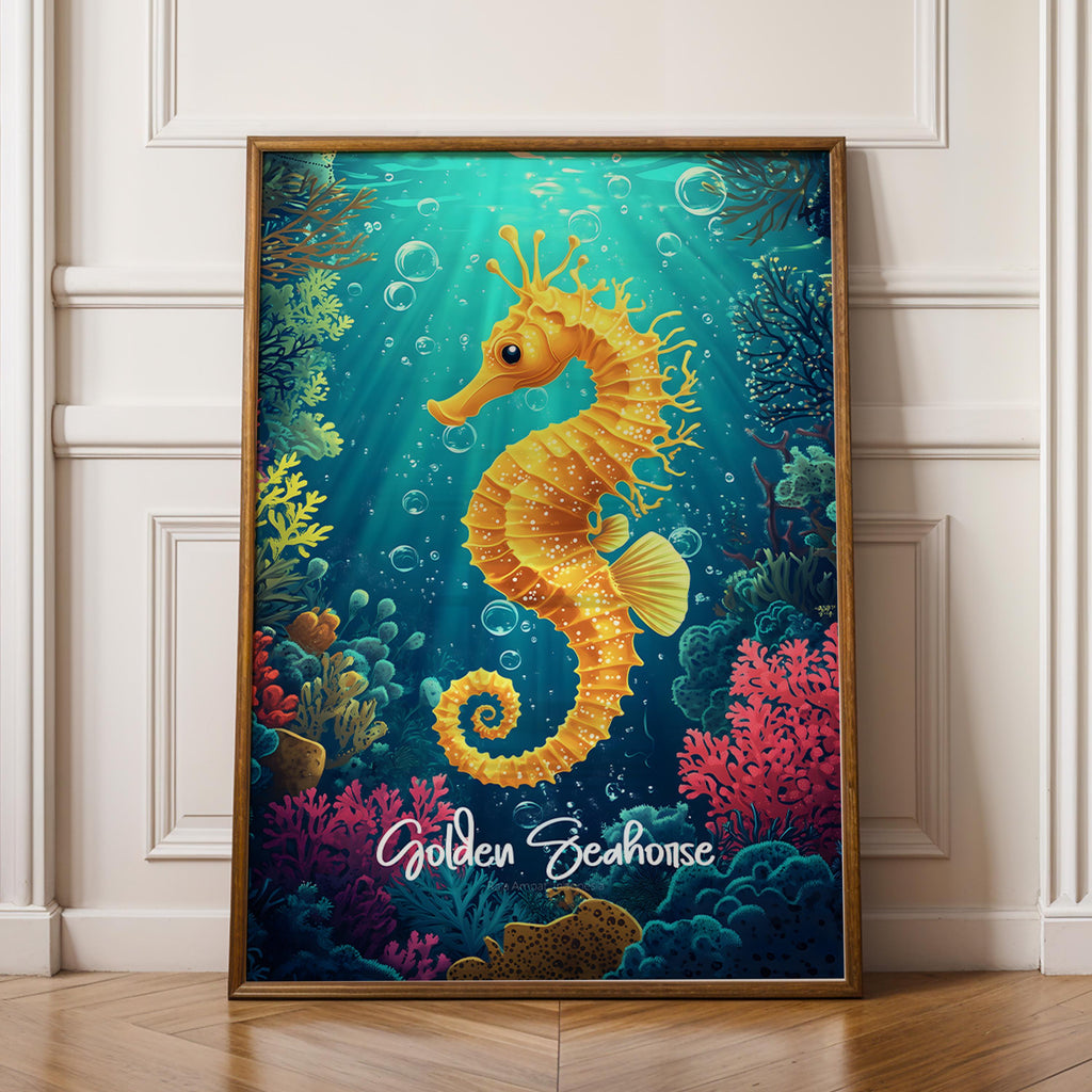 Golden Seahorse Wall Art Poster, Framed Nautical Coastal Decor, Ocean Print for Beach House, Marine Life Gift, Sea Creature Artwork