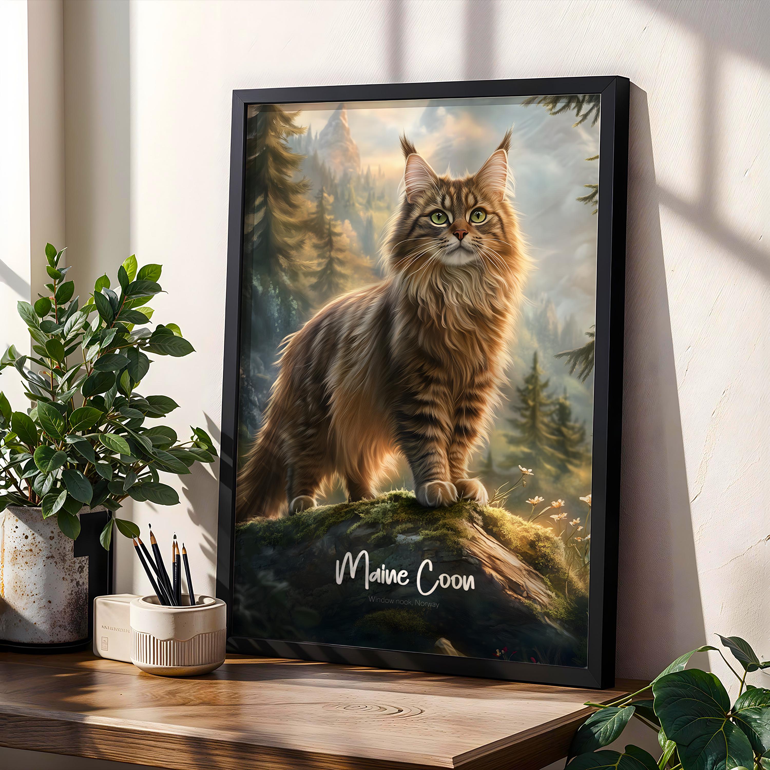 Maine Coon Cat Wall Poster – Large Decorative Cat Art Print, Feline Home Decor Gift for Cat Lovers, Rustic Animal Illustration