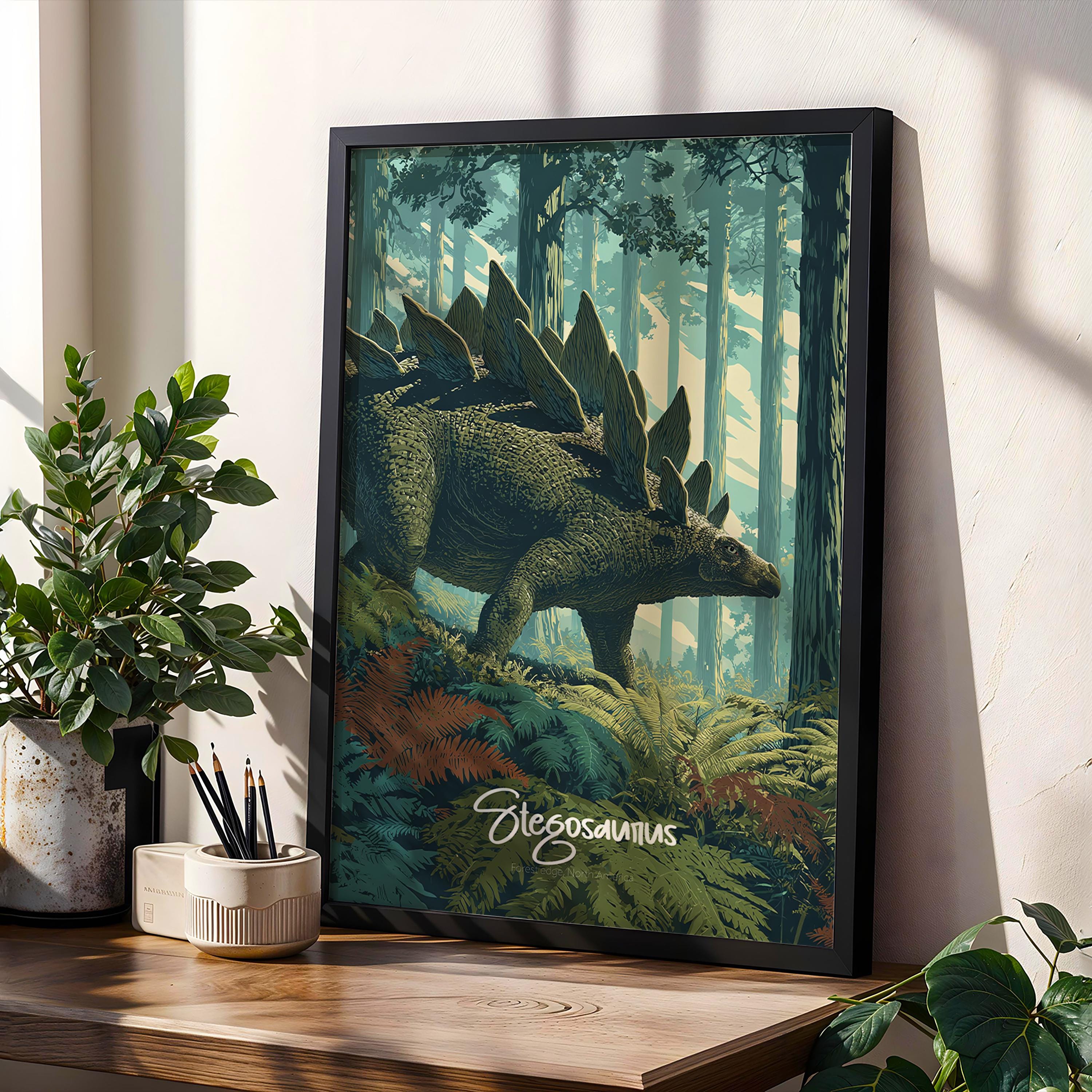 Stegosaurus, Dinosaur Framed Poster: Jurassic Nursery Decor, Kids Room Wall Art