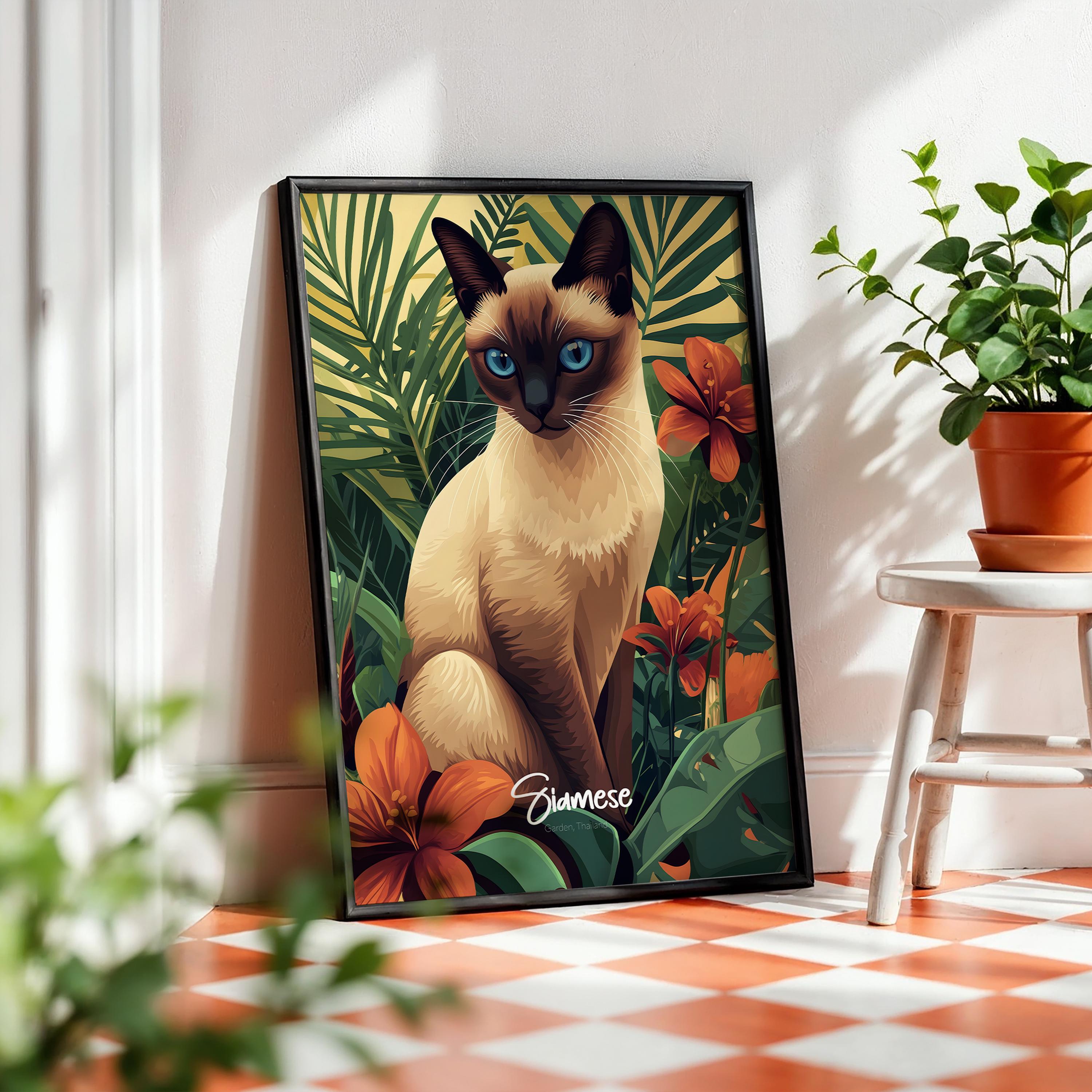 Framed Siamese Cat Art Print: Elegant Feline Wall Decor