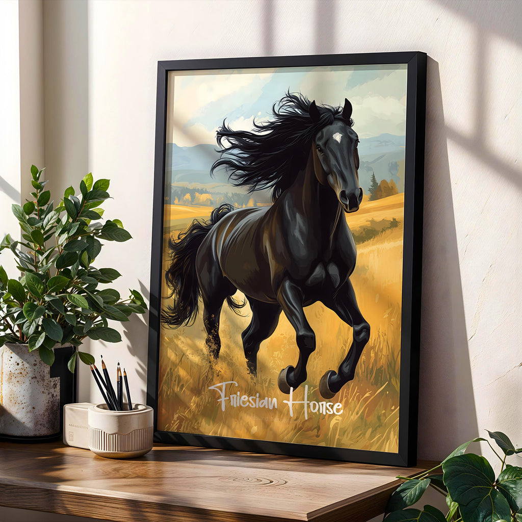 Friesian Horse Print: Elegant Black Stallion Illustration, Netherlands Decor