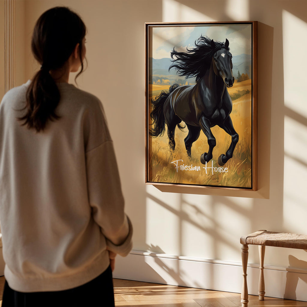 Friesian Horse Print: Elegant Black Stallion Illustration, Netherlands Decor