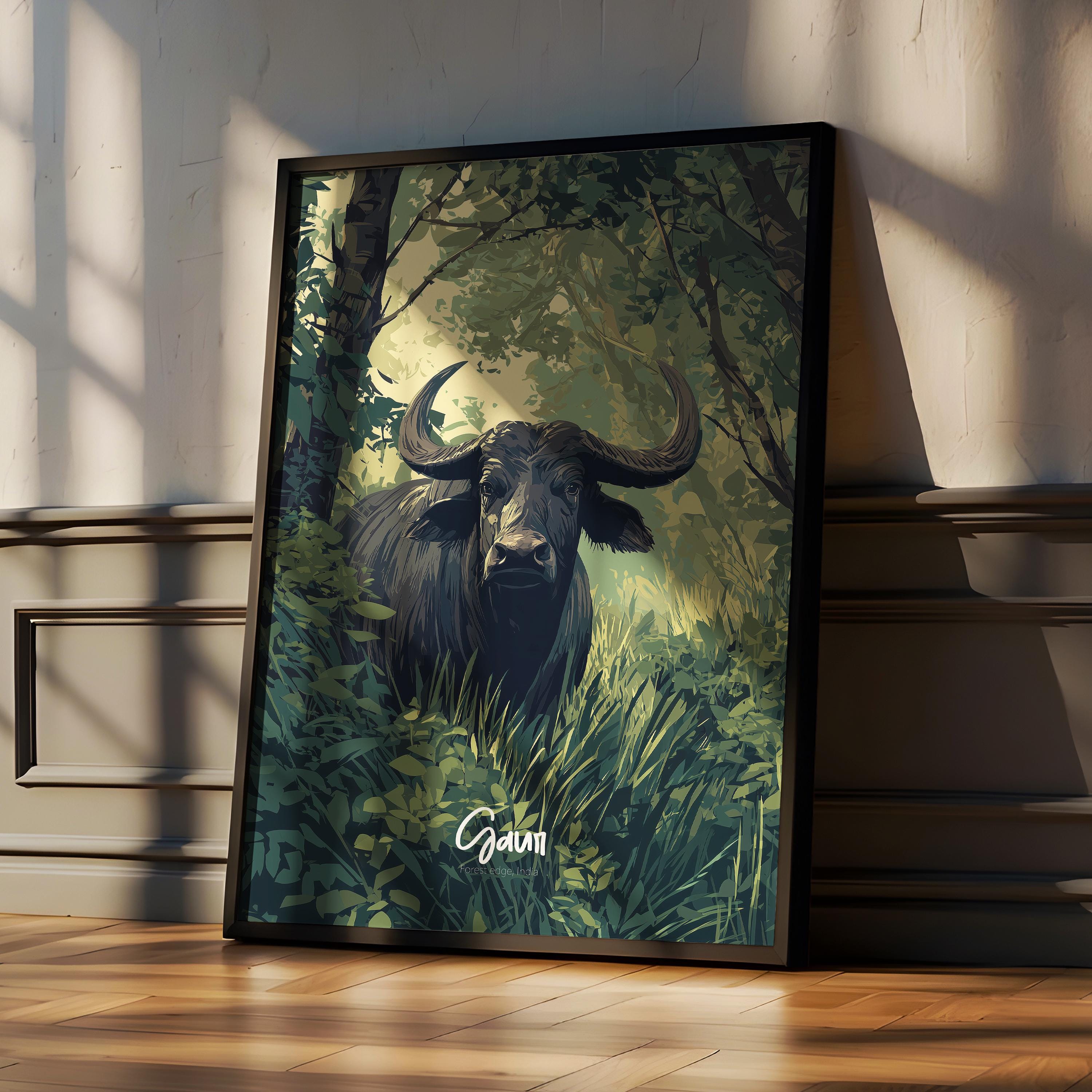 Gaur Framed Art Print: Asian Wildlife Decor for Nursery or Kids Room