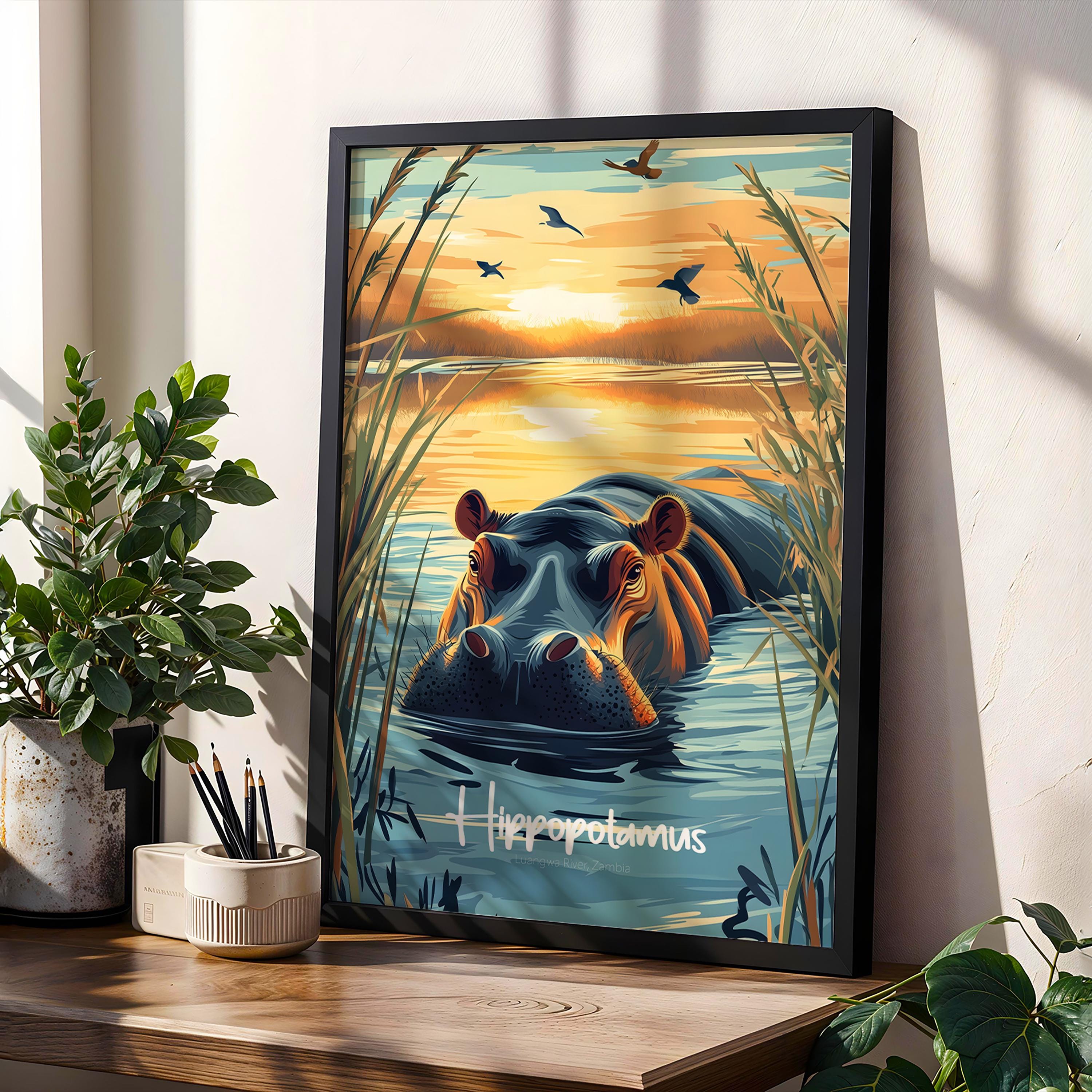 Hippo Nursery Art Print: Safari Animal Illustration