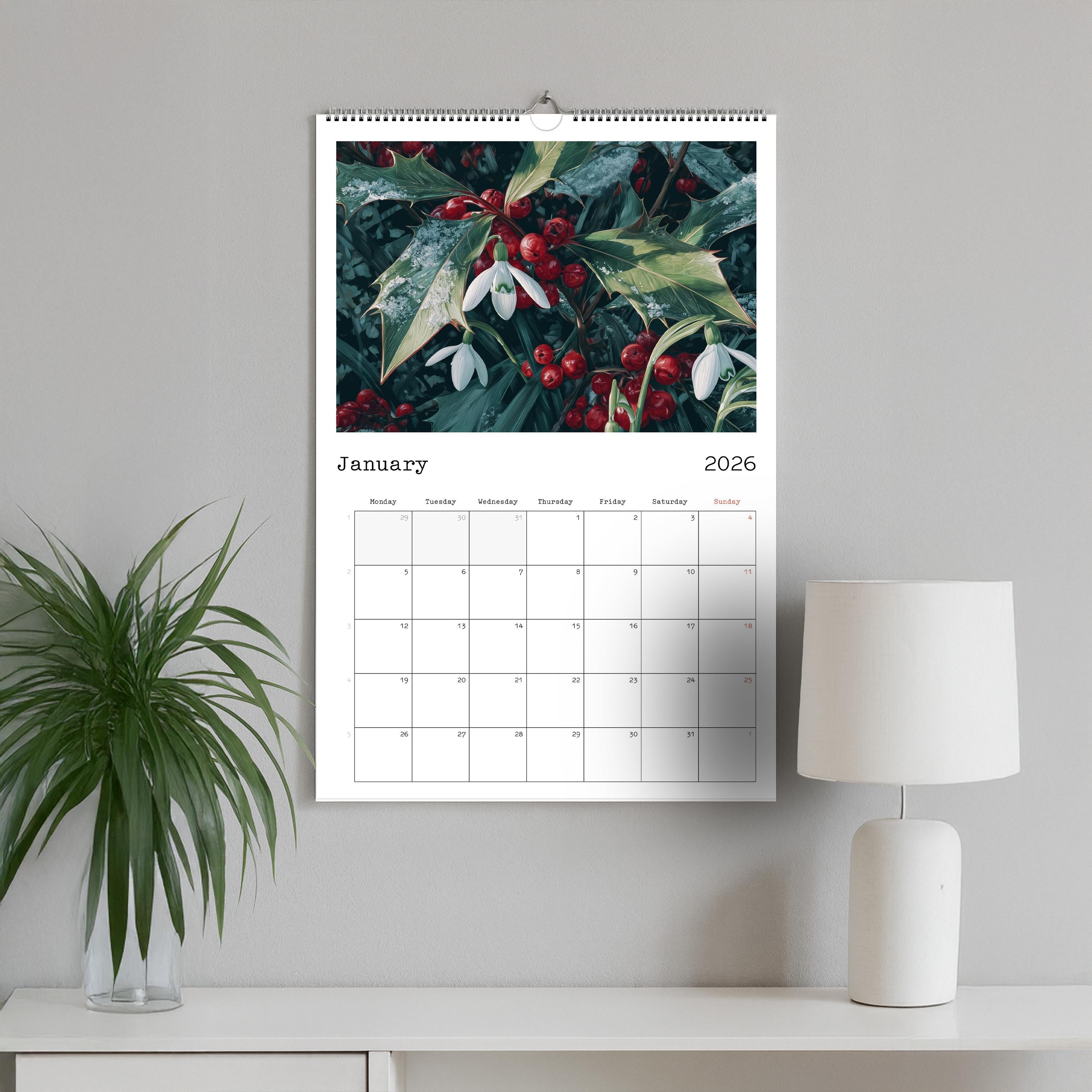 2026 Floral Wall Calendar A3: Botanical Art Print, Nature Home Decor