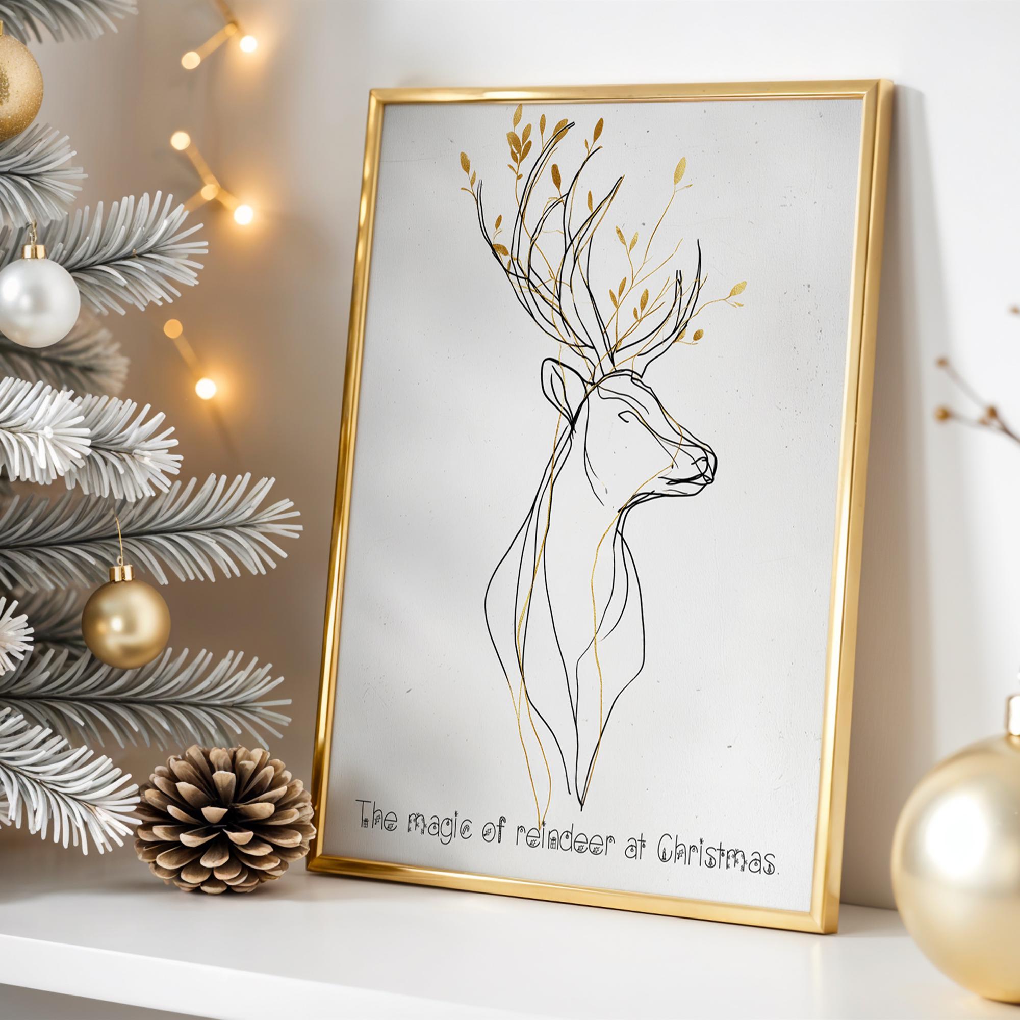 Minimalist Reindeer Christmas Poster – Elegant Black & Gold Holiday Wall Art
