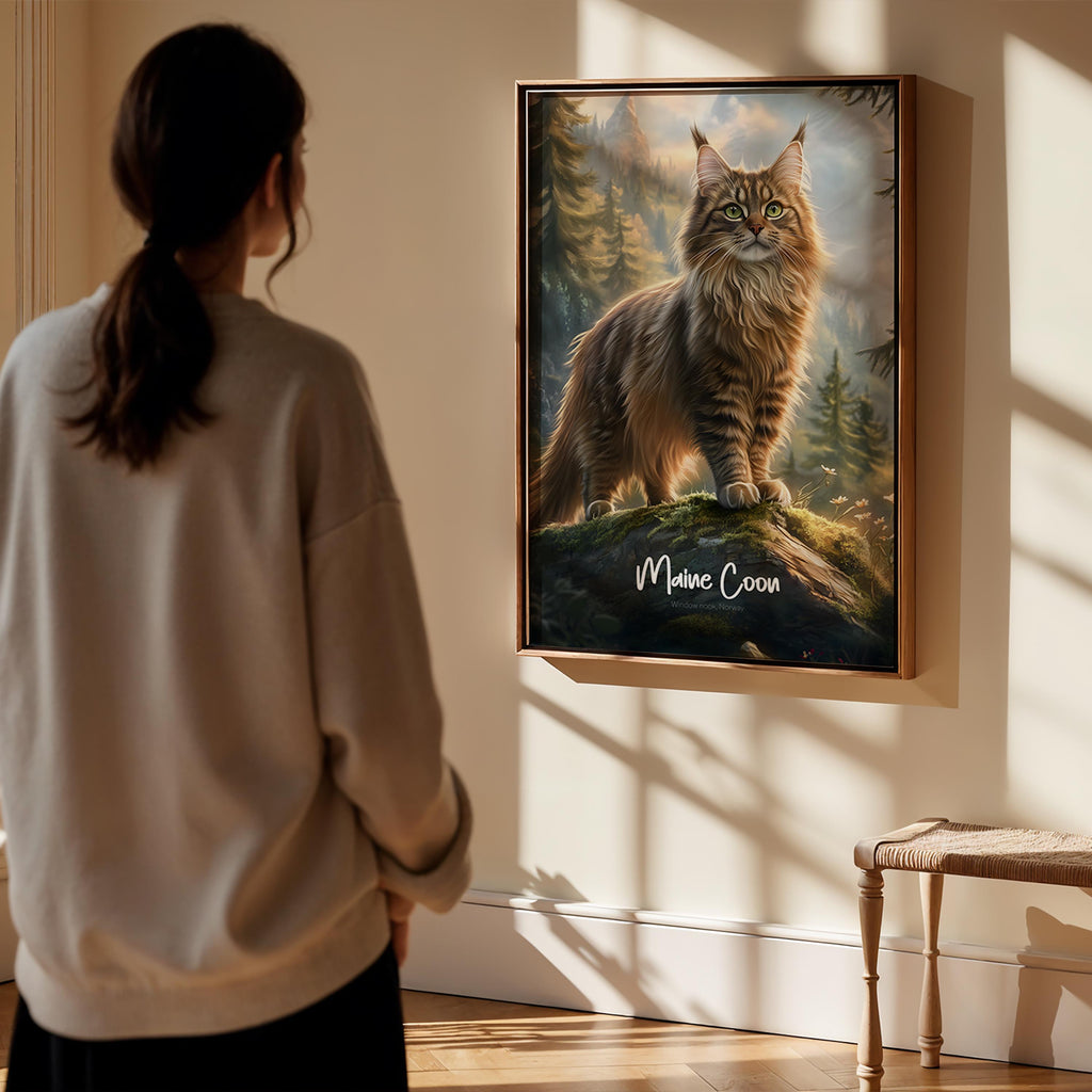 Maine Coon Cat Wall Poster – Large Decorative Cat Art Print, Feline Home Decor Gift for Cat Lovers, Rustic Animal Illustration