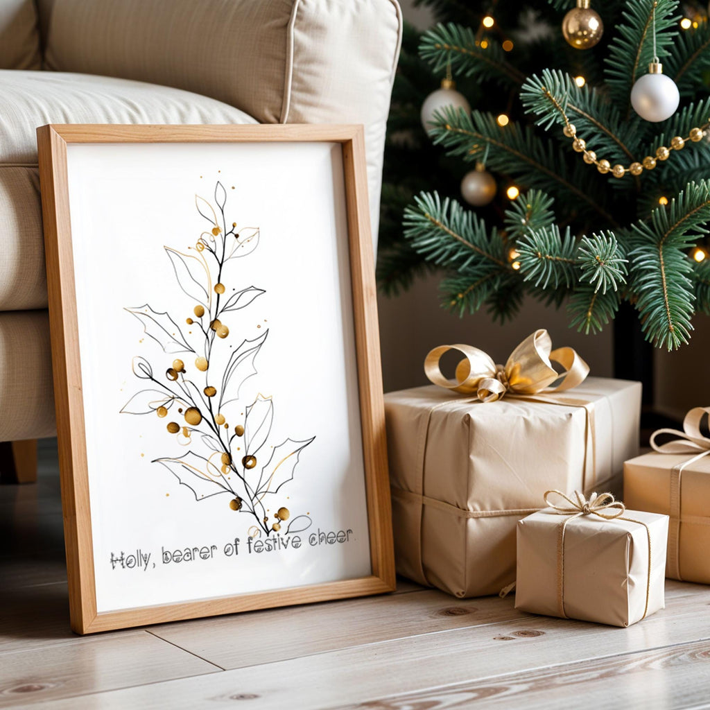 Minimalist Holly Christmas Poster – Elegant Botanical Wall Art for Festive Decor