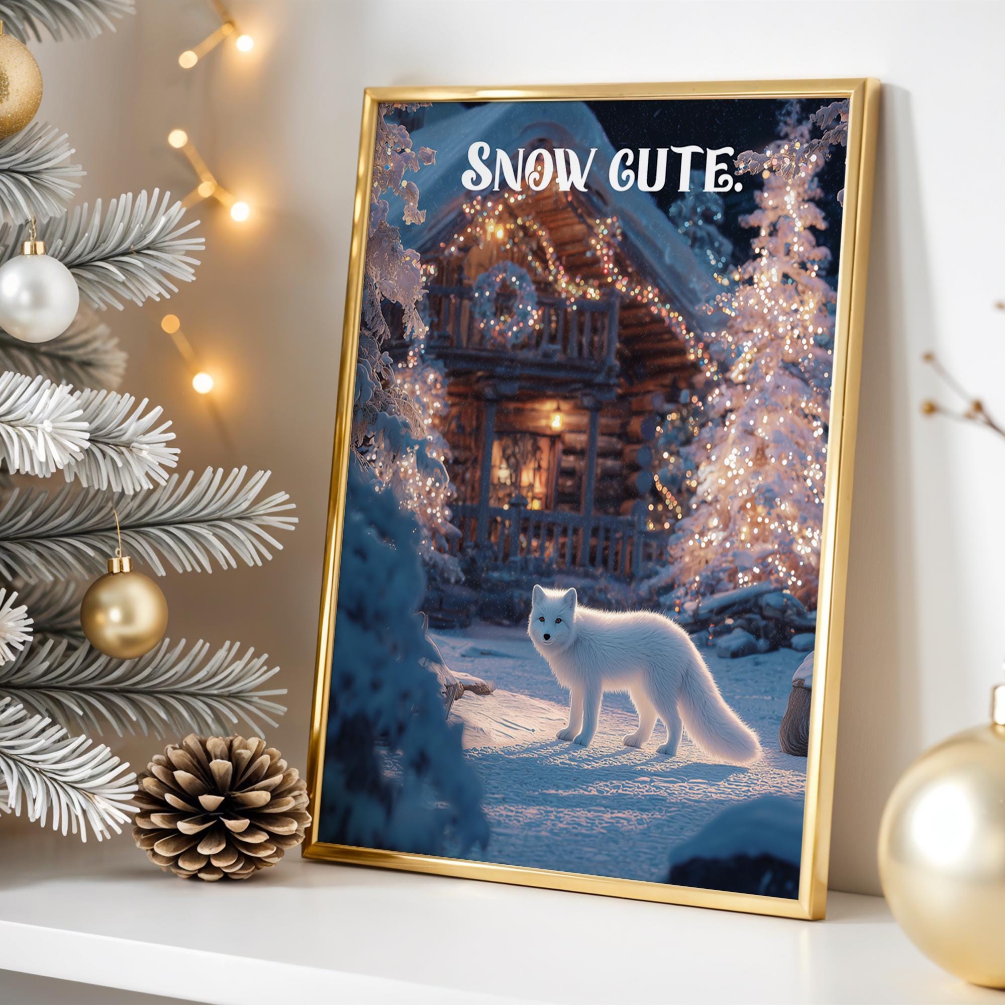 Arctic Fox Christmas Poster – Snowy Cabin Winter Wall Art
