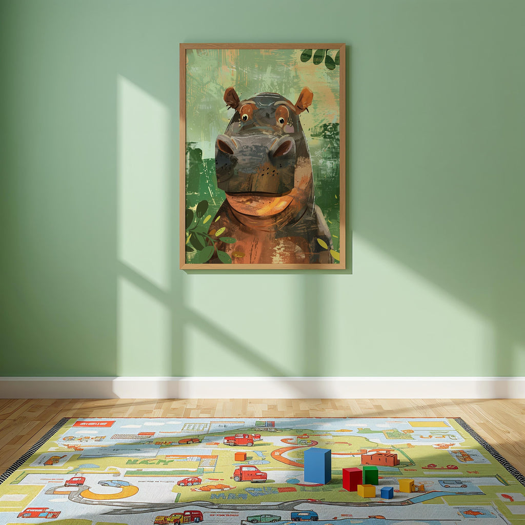 Hippo Nursery Wall Art – Safari Animal Print for Kids