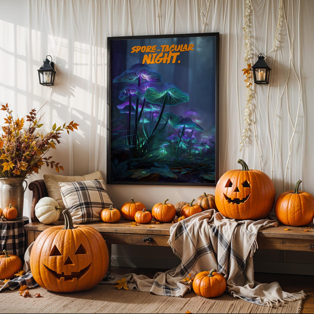 Bioluminescent Mushroom Poster – “Spore-tacular Night” Halloween Glow-in-the-Dark Forest Art Print