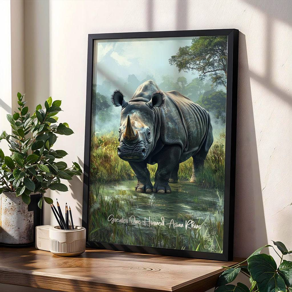 Asian Rhino Wall Art – Greater One-horned Rhino Illustration, Nature-Inspired Decor, Gift for Wildlife Lovers
