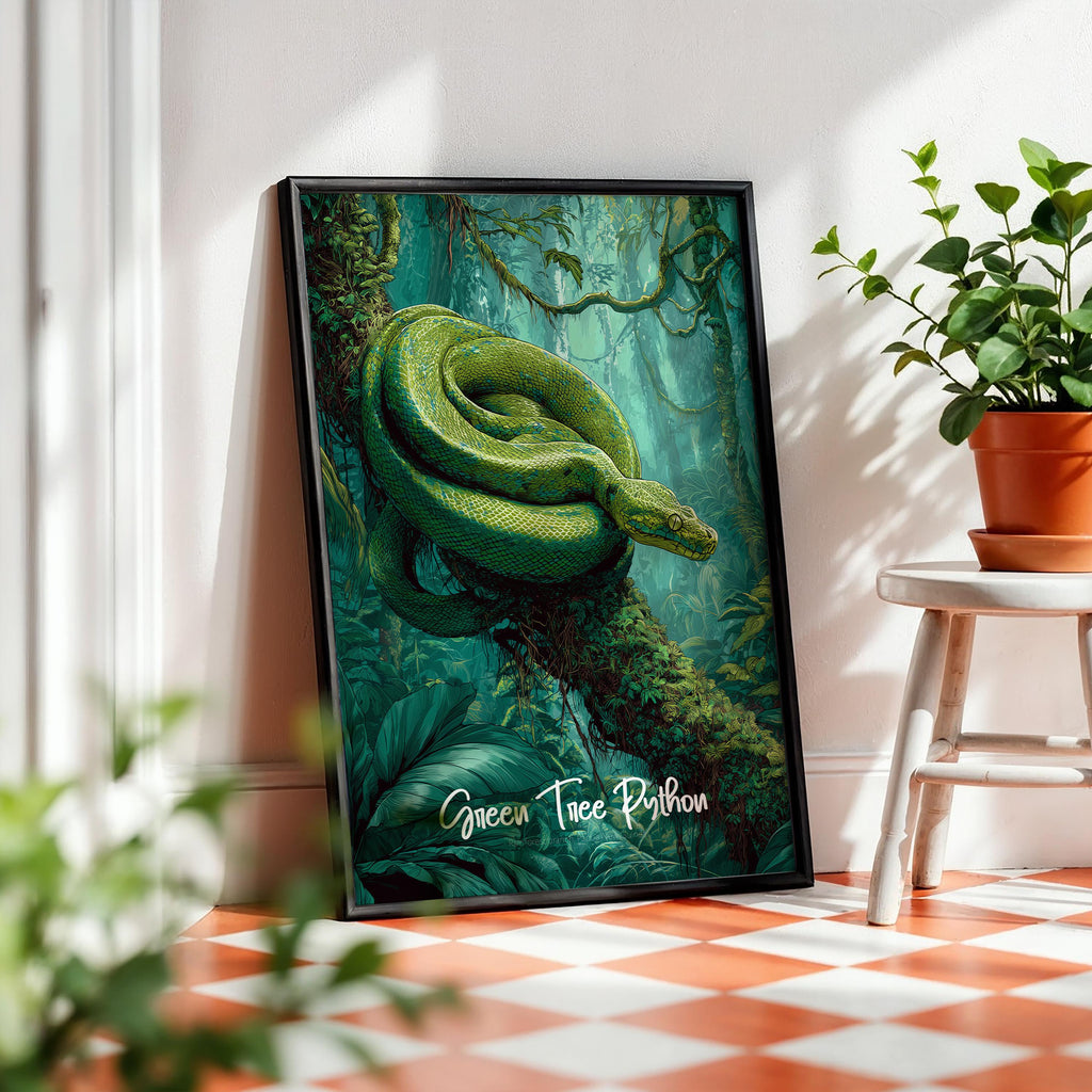 Green Tree Python Framed Poster: Jungle Nursery Reptile Wall Art