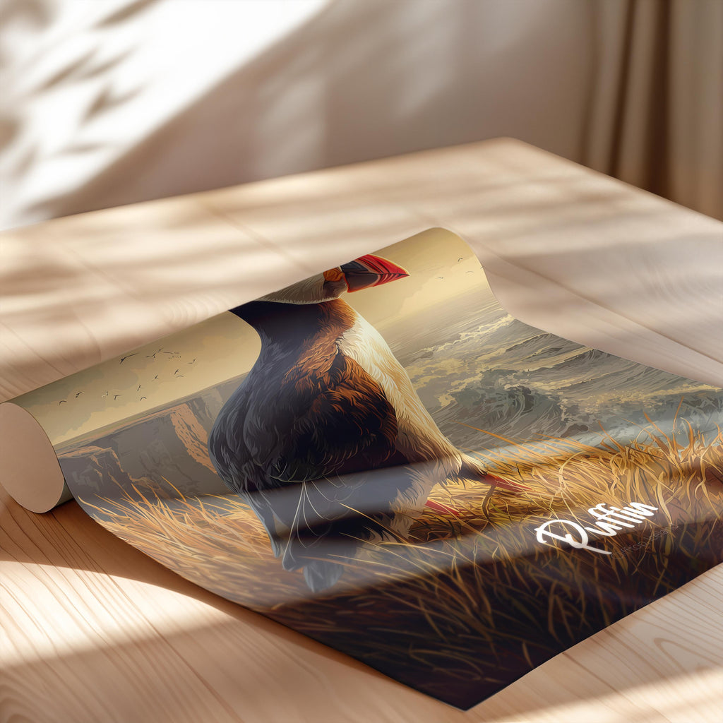 Puffin Framed Poster – Coastal Wildlife Art Print, Kids Room Decor