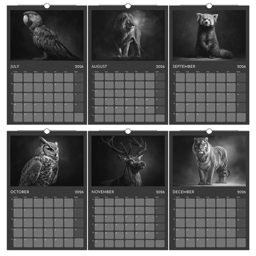2026 Wildlife Calendar A3: Black & White Animal Photography Wall Planner