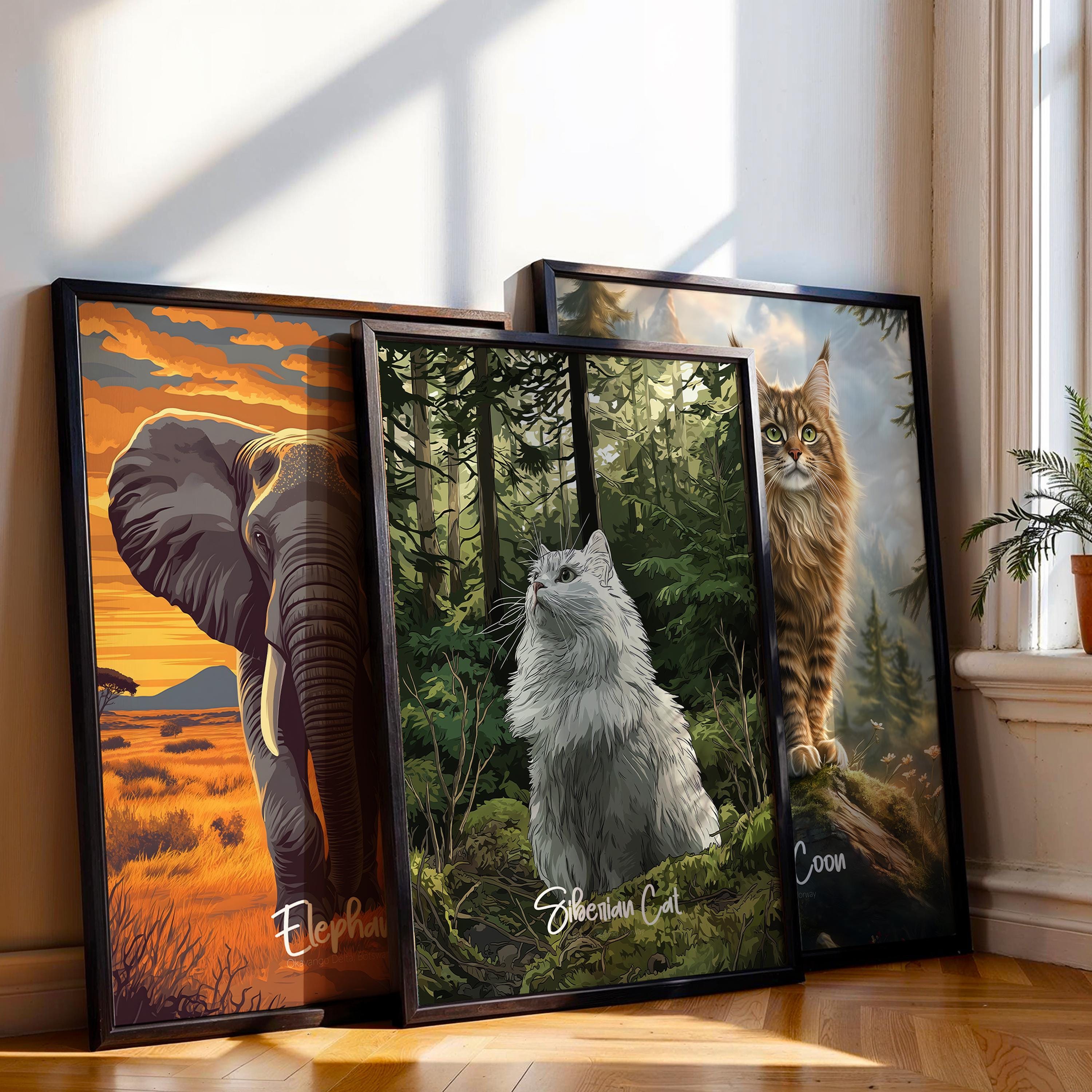 Siberian Cat Art Print: Fluffy Forest Cat Poster