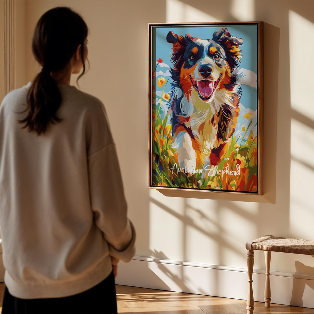 Australian Shepherd Wall Art – Colourful Herding Dog Illustration, Nature Decor, Gift for Pet Lovers