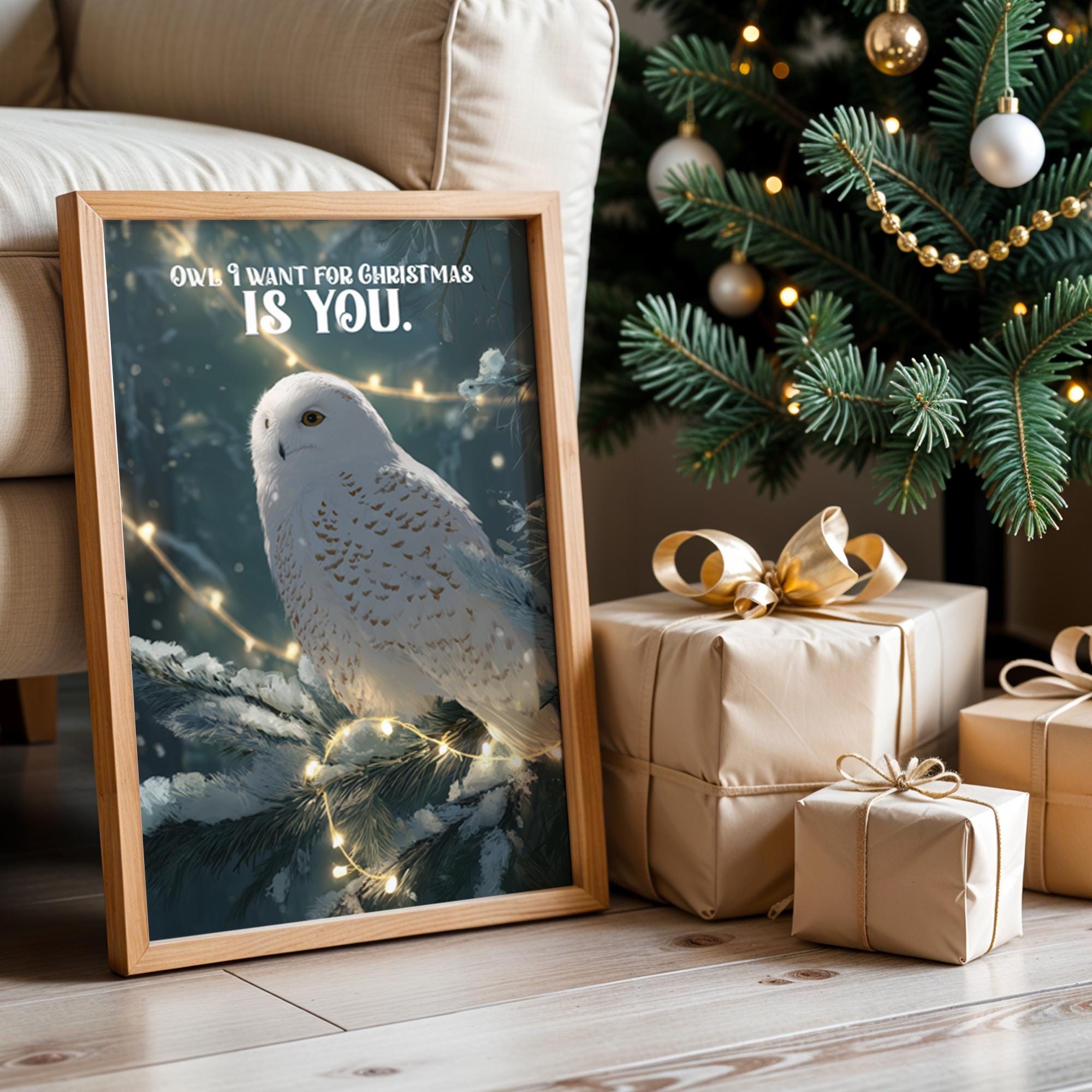 Snowy Owl Christmas Poster – Winter Holiday Wall Art
