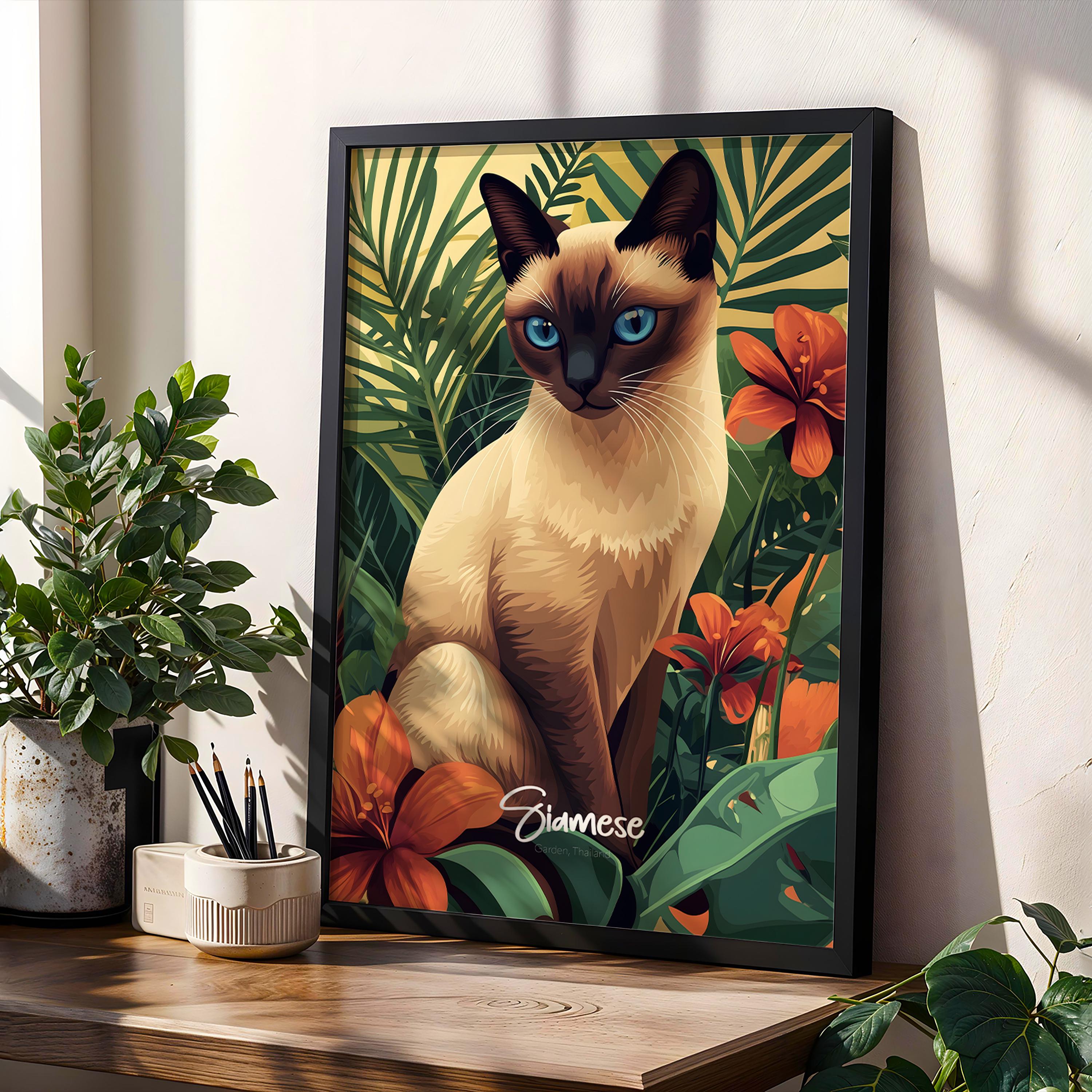 Framed Siamese Cat Art Print: Elegant Feline Wall Decor