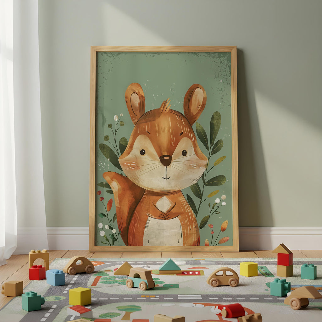 Squirrel Nursery Wall Art – Woodland Animal Print for Kids