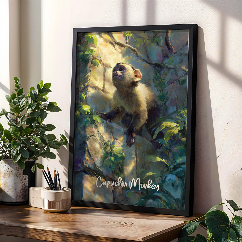 Capuchin Monkey Framed Poster: Playful Jungle Nursery Wall Art