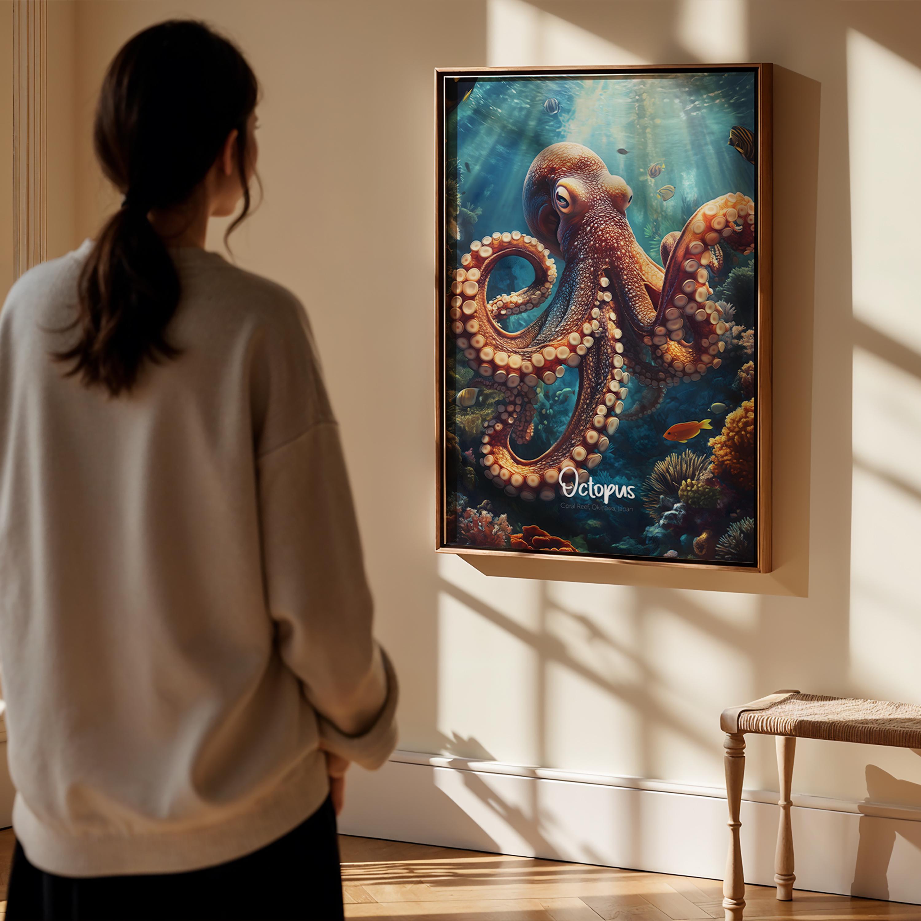 Framed Octopus Print: Nautical Marine Animal Wall Art