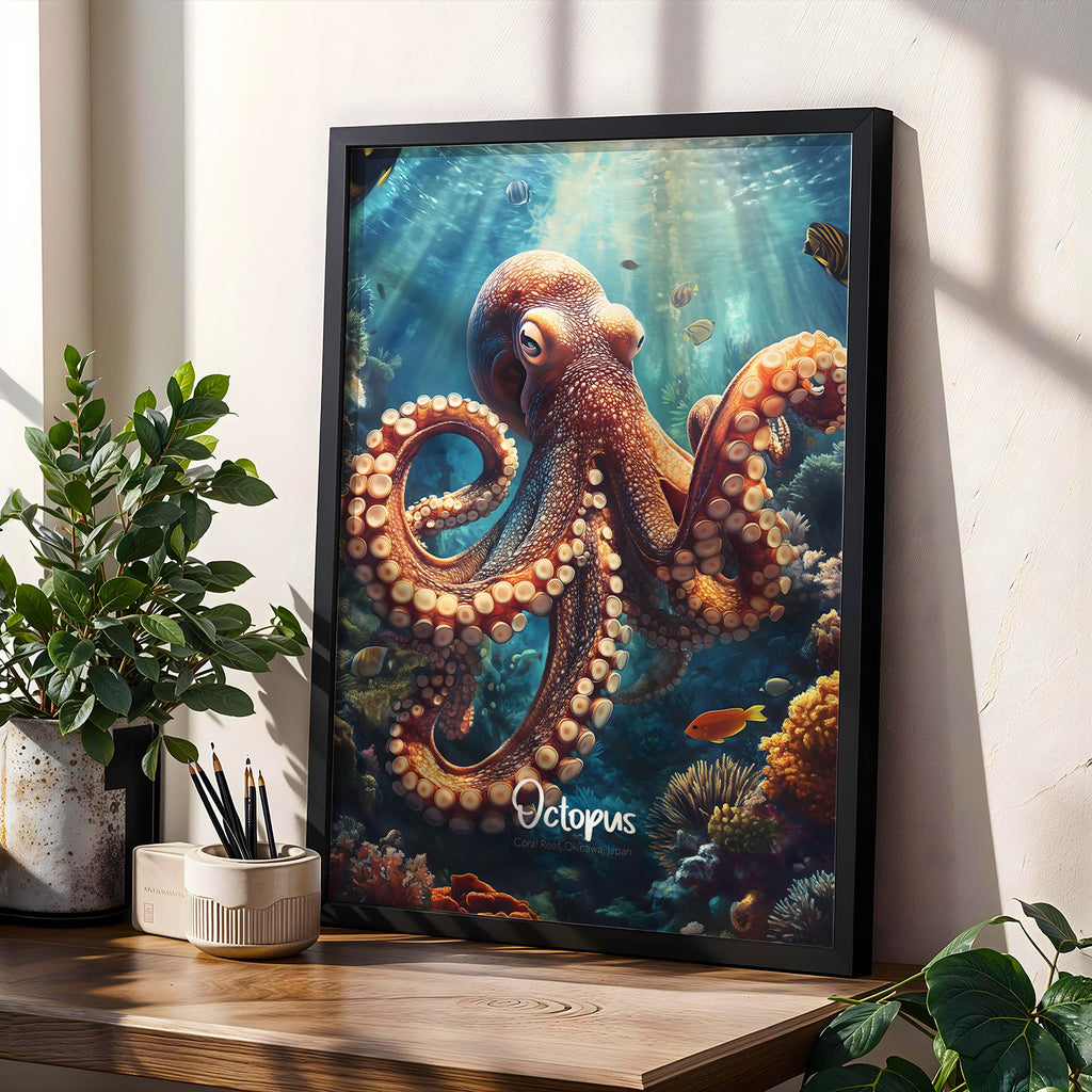 Framed Octopus Print: Nautical Marine Animal Wall Art