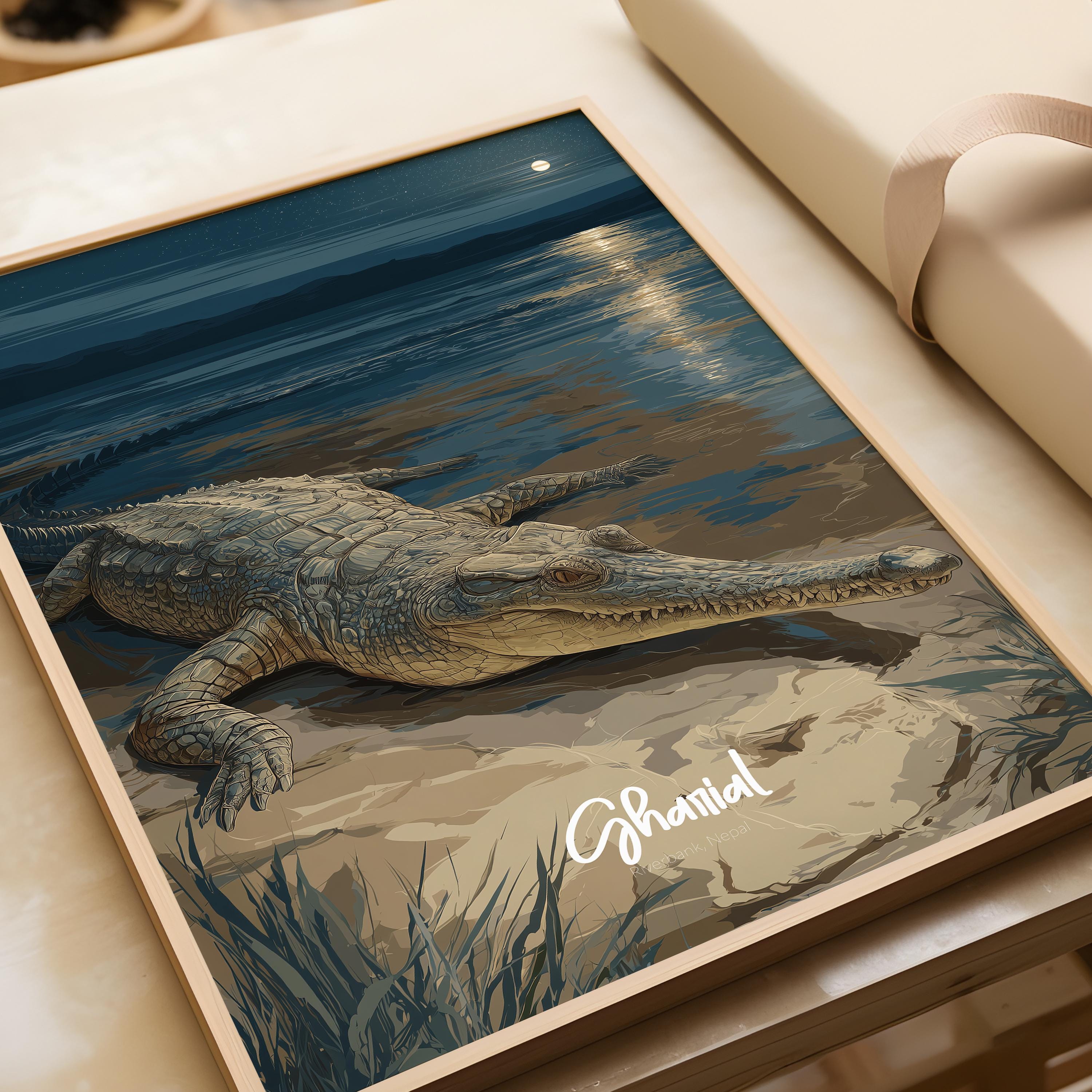 Gharial Framed Poster: Rare Reptile Wall Art for Kids Nursery