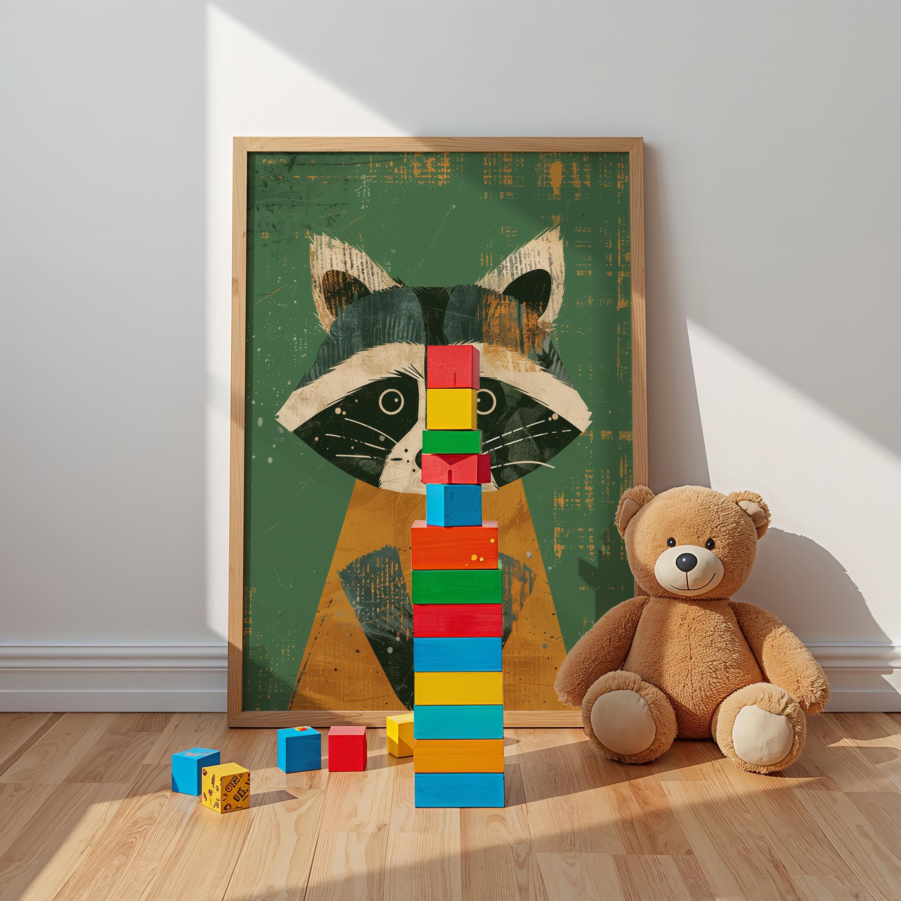 Raccoon Nursery Wall Art – Woodland Animal Print for Kids