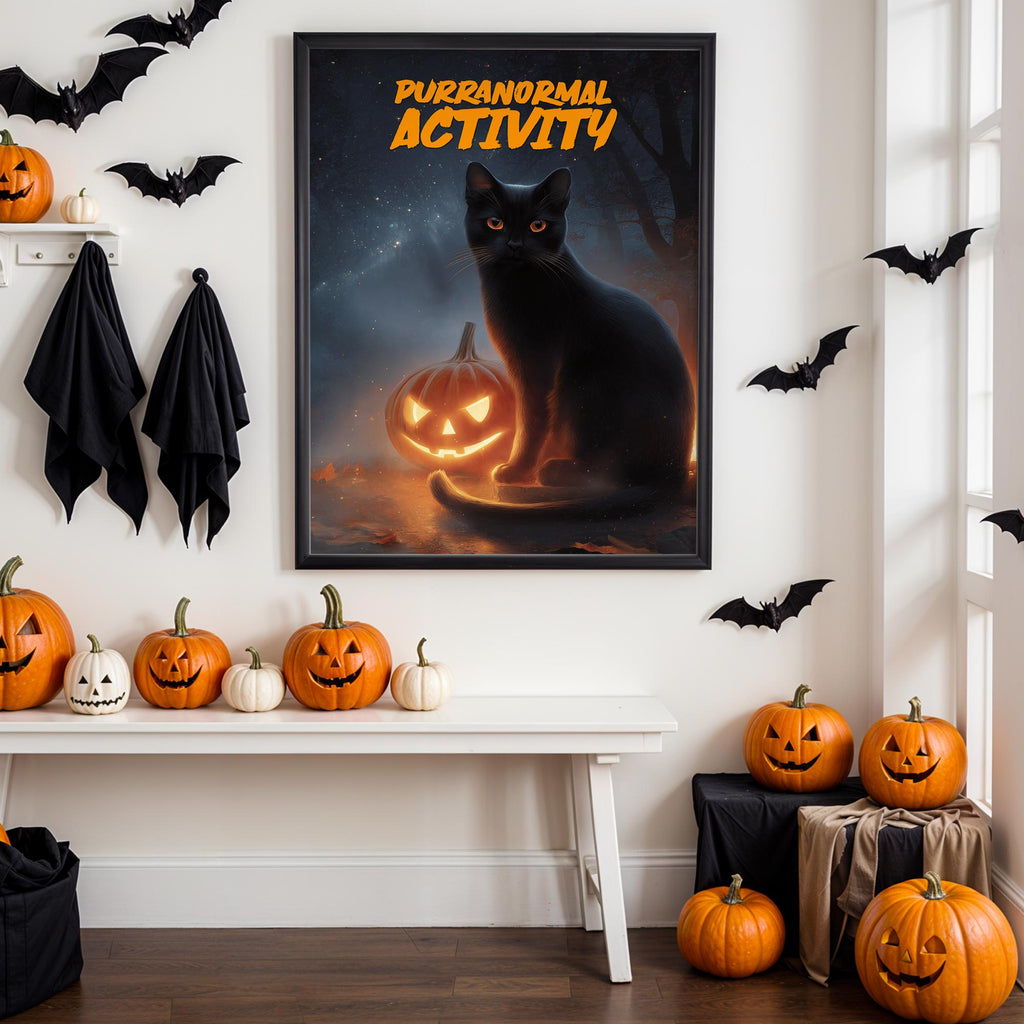 Black Cat Halloween Poster – Funny Purranormal Activity Wall Art with Pumpkin Lantern