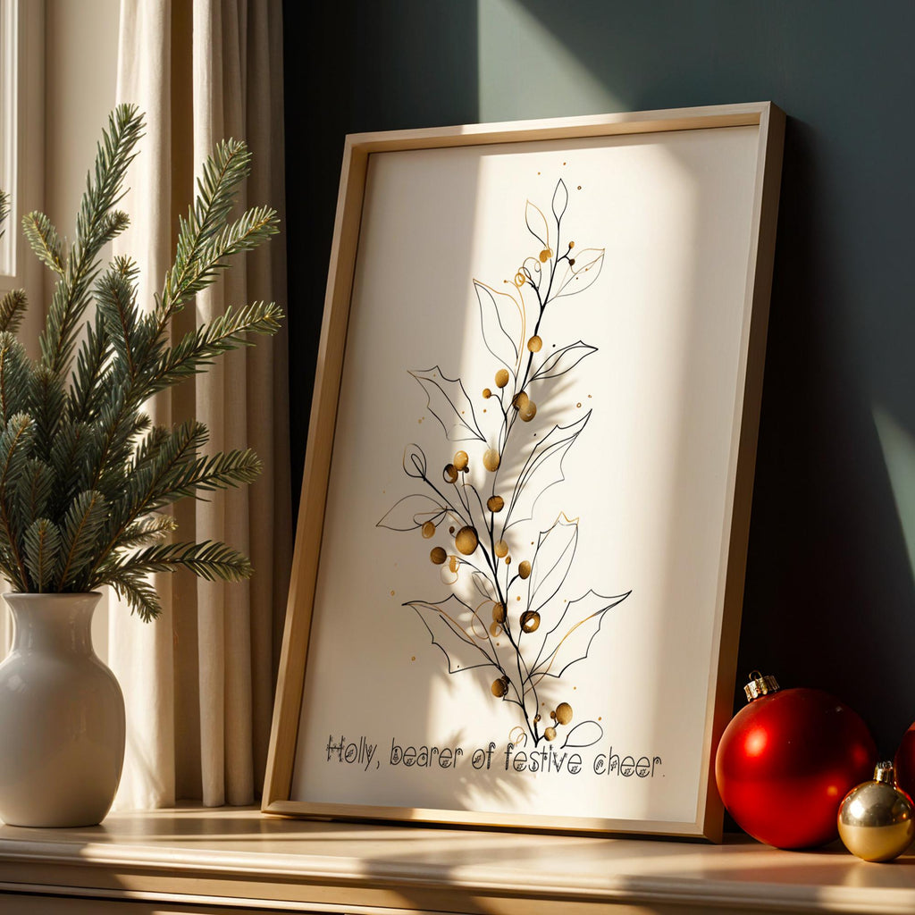 Minimalist Holly Christmas Poster – Elegant Botanical Wall Art for Festive Decor