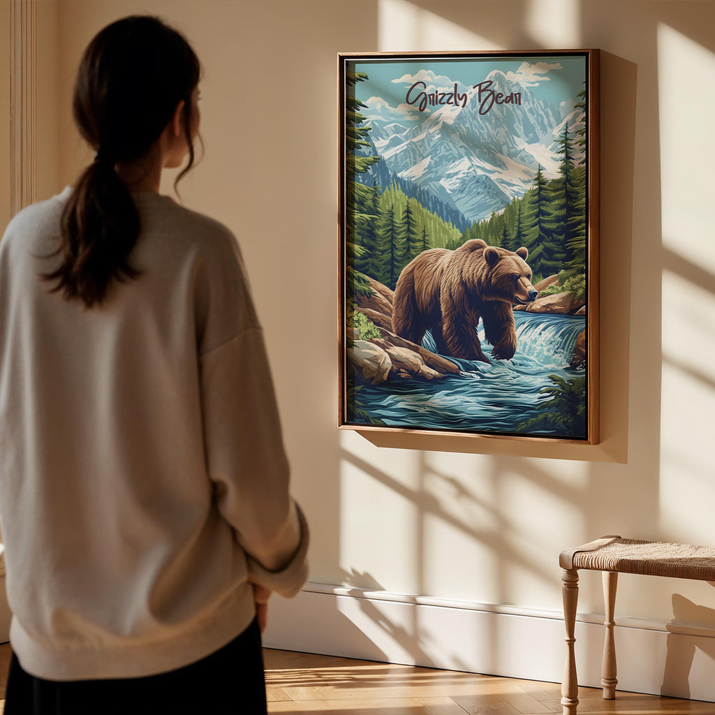 Grizzly Bear Art Print: Rustic Cabin Wall Decor, Wildlife Illustration