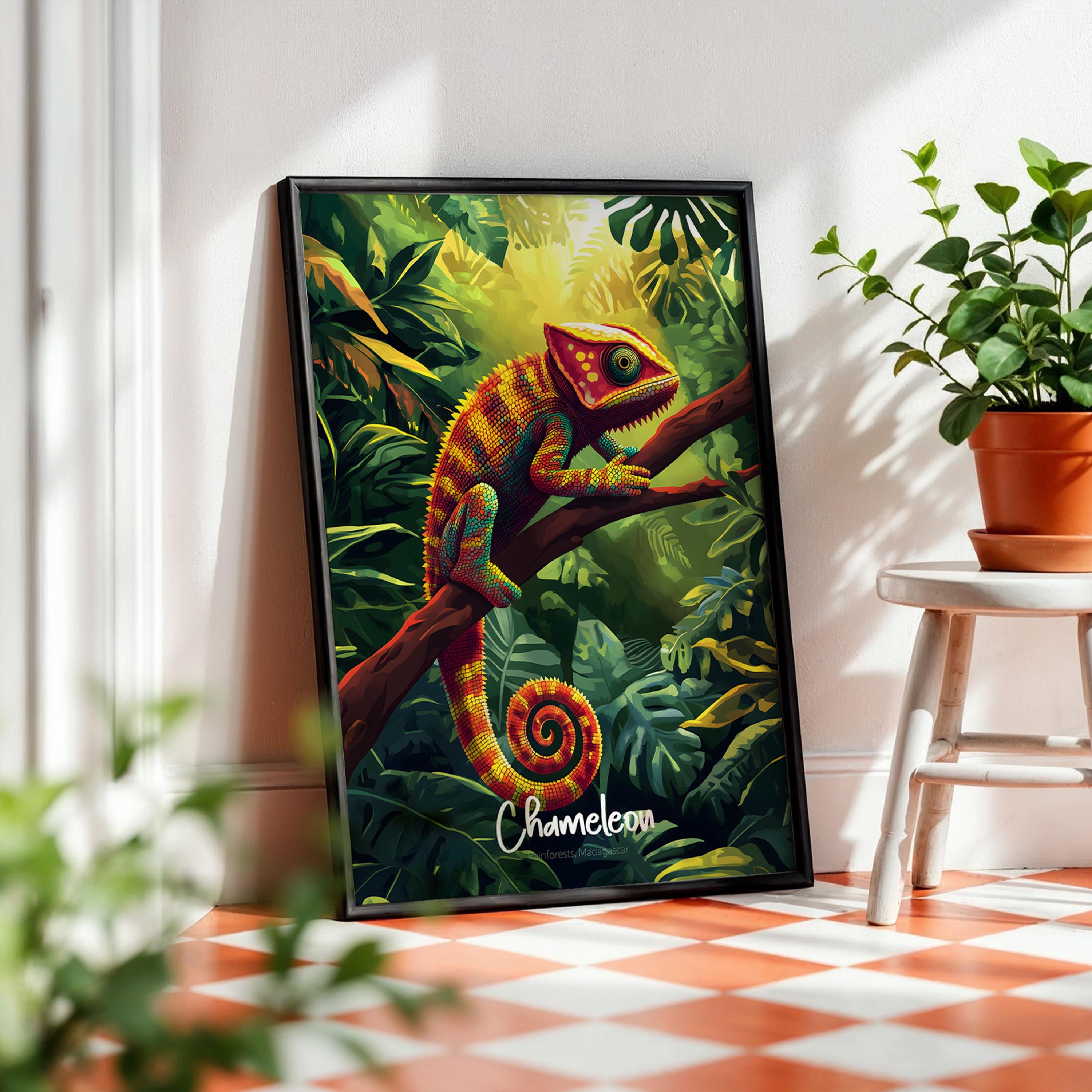 Colorful Chameleon Art Print: Rainforest Wildlife Illustration