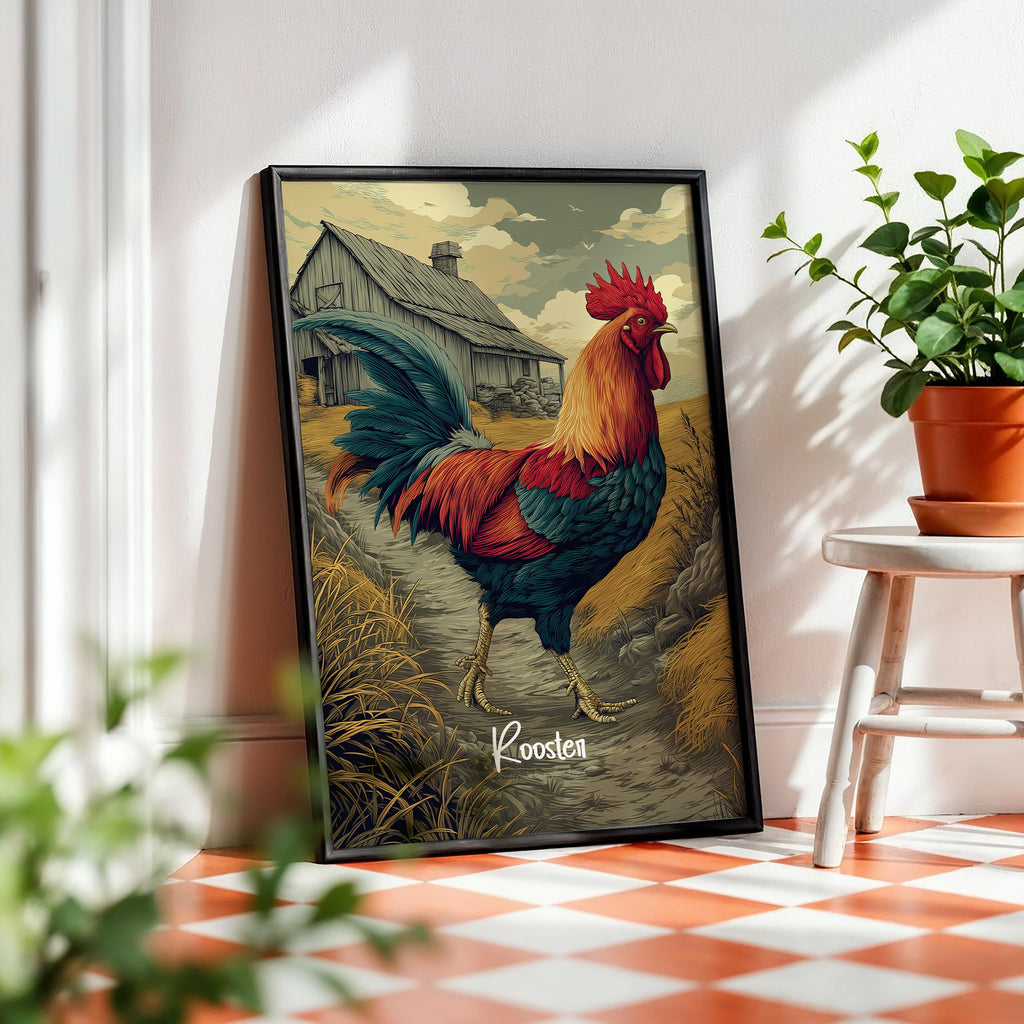 Rooster Framed Art Print: Rustic Farmhouse Animal Decor