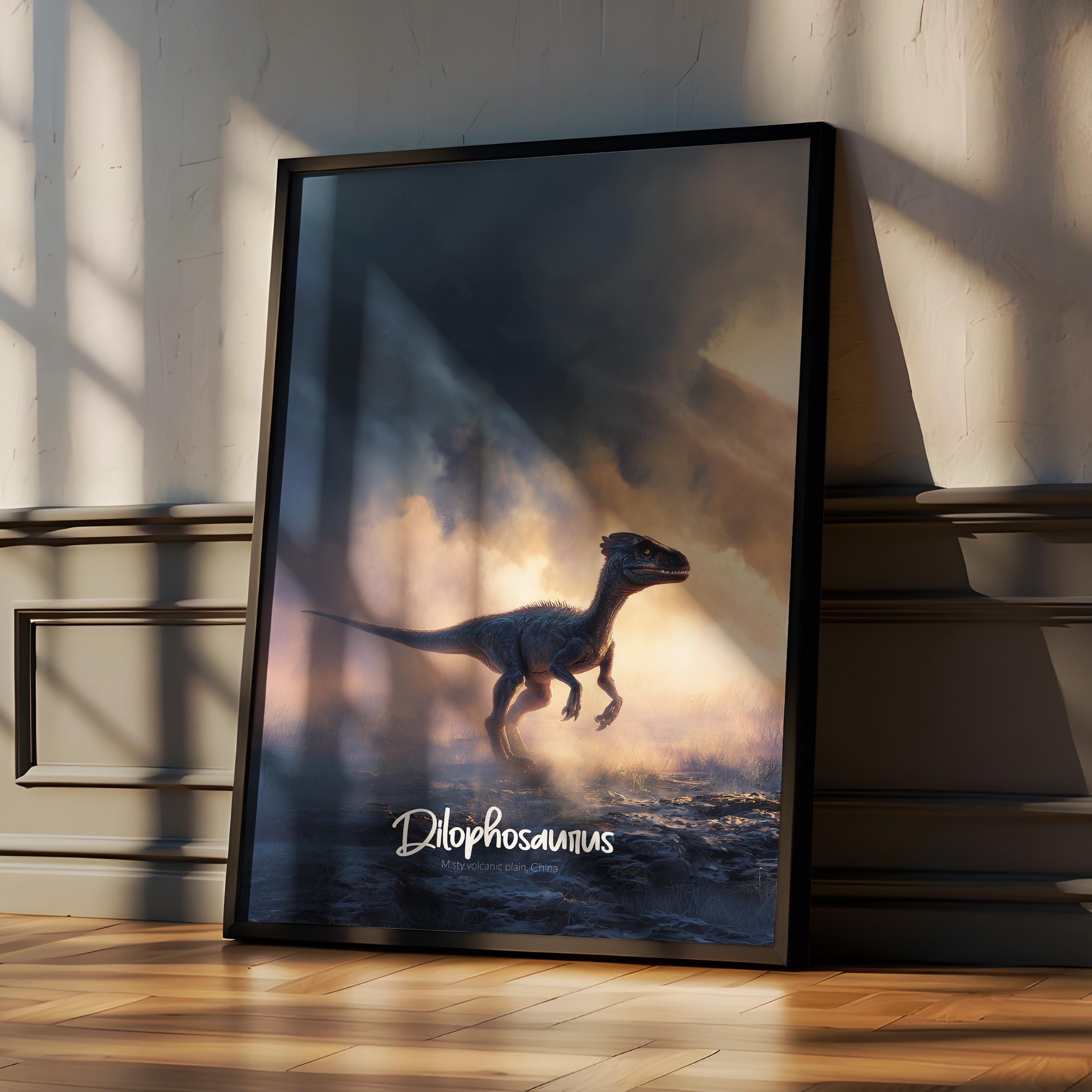 Dilophosaurus Framed Poster: Prehistoric Dinosaur Wall Art for Kids