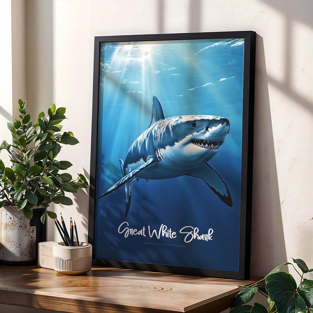 Great White Shark Framed Poster, Ocean Wall Art, Marine Life Print, Nautical Decor, Shark Lover Gift, Beach House Decoration