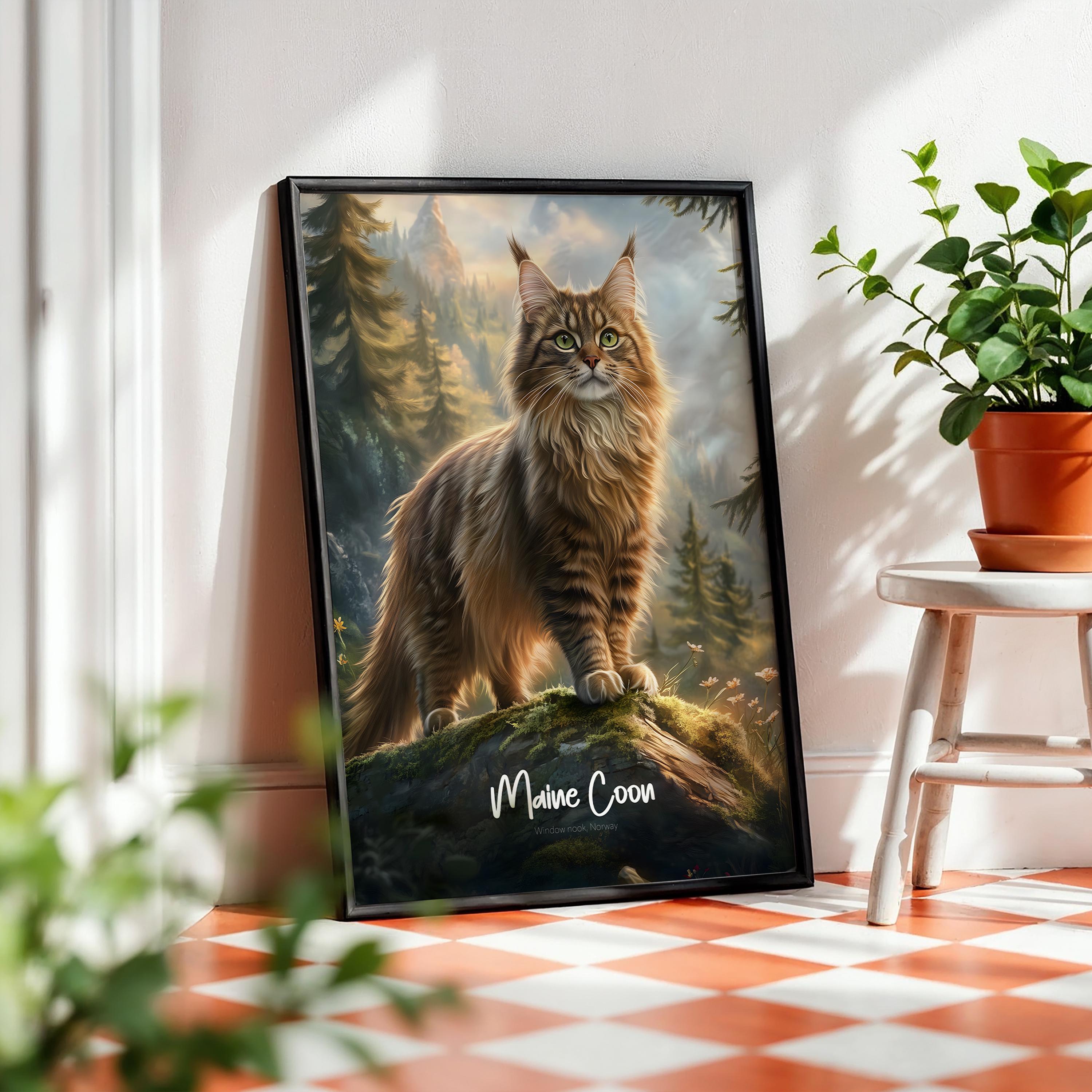 Maine Coon Cat Wall Poster – Large Decorative Cat Art Print, Feline Home Decor Gift for Cat Lovers, Rustic Animal Illustration