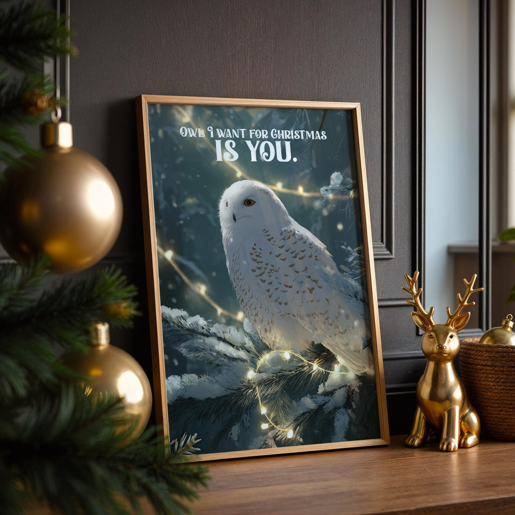 Snowy Owl Christmas Poster – Winter Holiday Wall Art