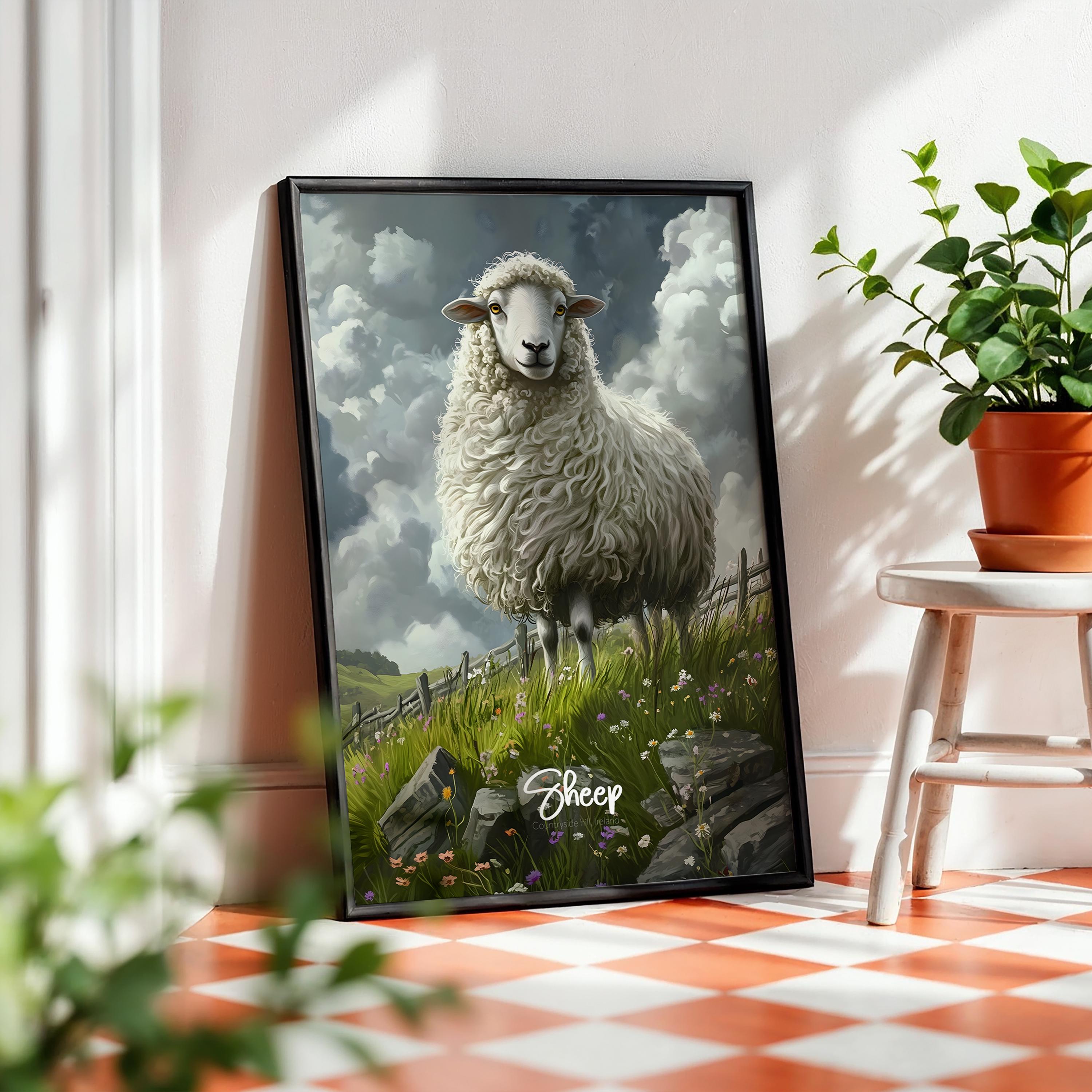Framed Sheep Art Print: Rustic Farmhouse Animal Poster