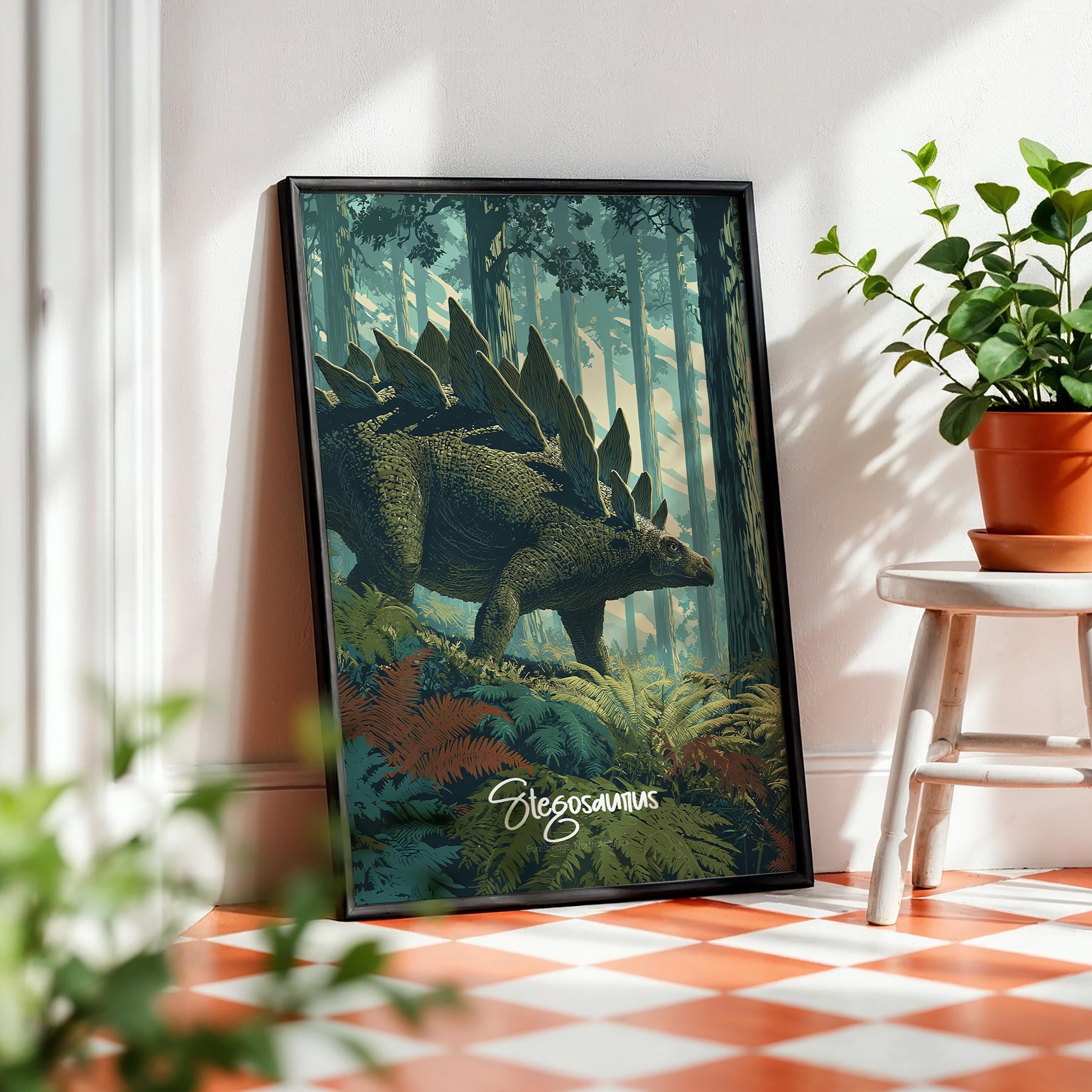 Stegosaurus, Dinosaur Framed Poster: Jurassic Nursery Decor, Kids Room Wall Art