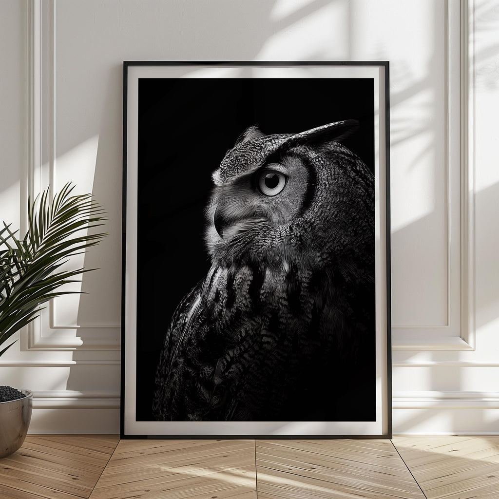 Black and White Owl Print: Mysterious Wildlife Art, Monochrome Bird Decor