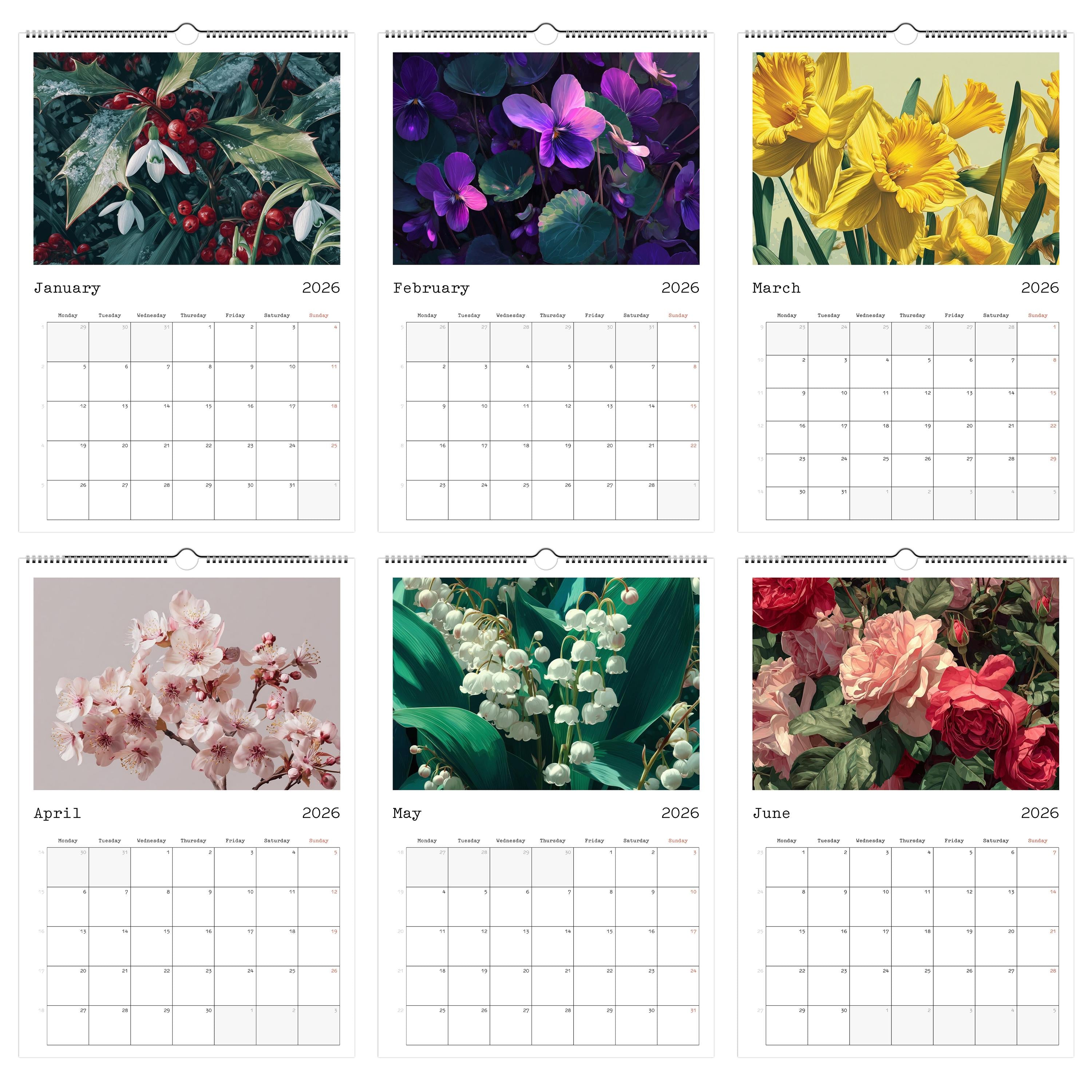 2026 Floral Wall Calendar A3: Botanical Art Print, Nature Home Decor