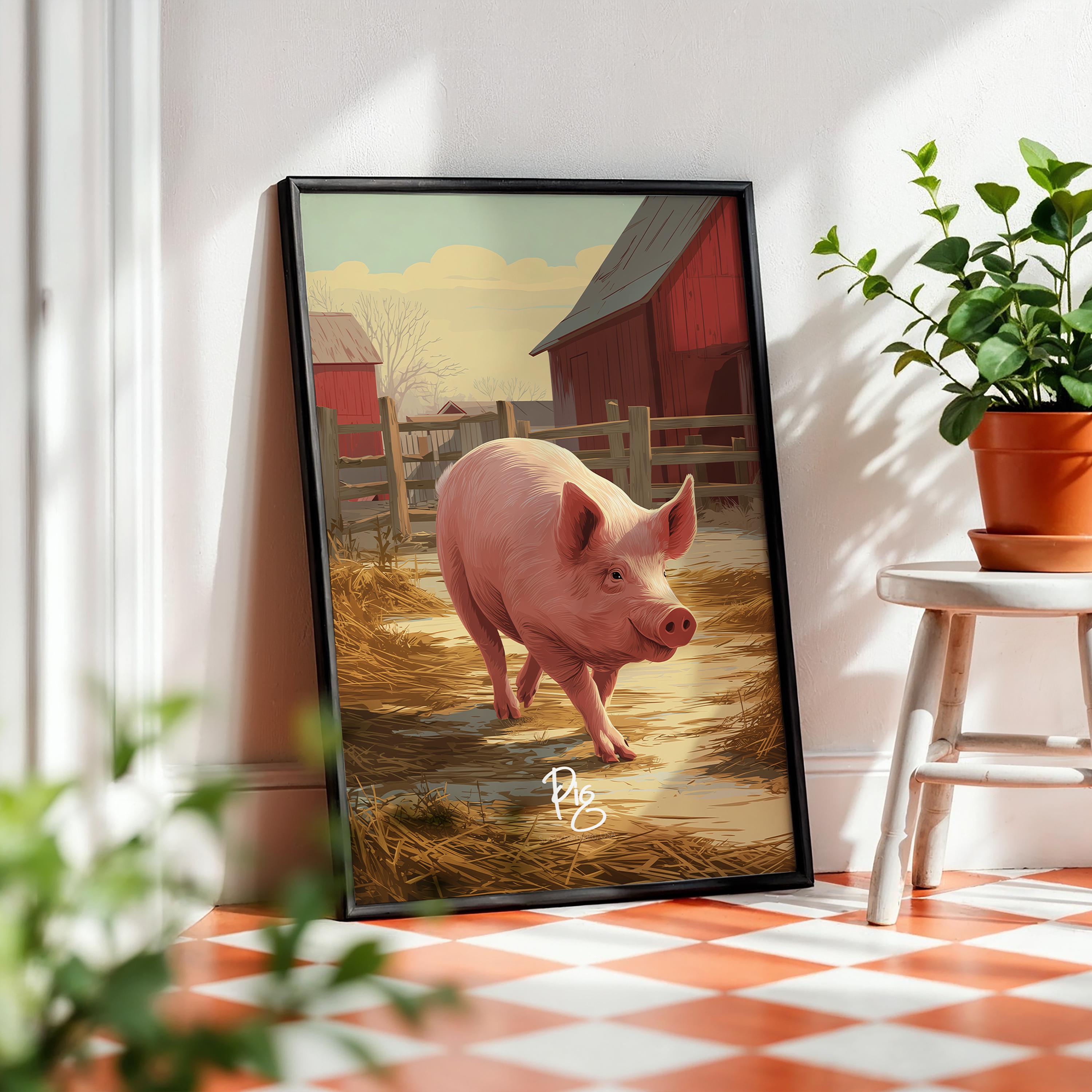 Pig Wall Art – Adorable Farm Animal Illustration, Rustic Country Decor, Gift for Animal Lovers