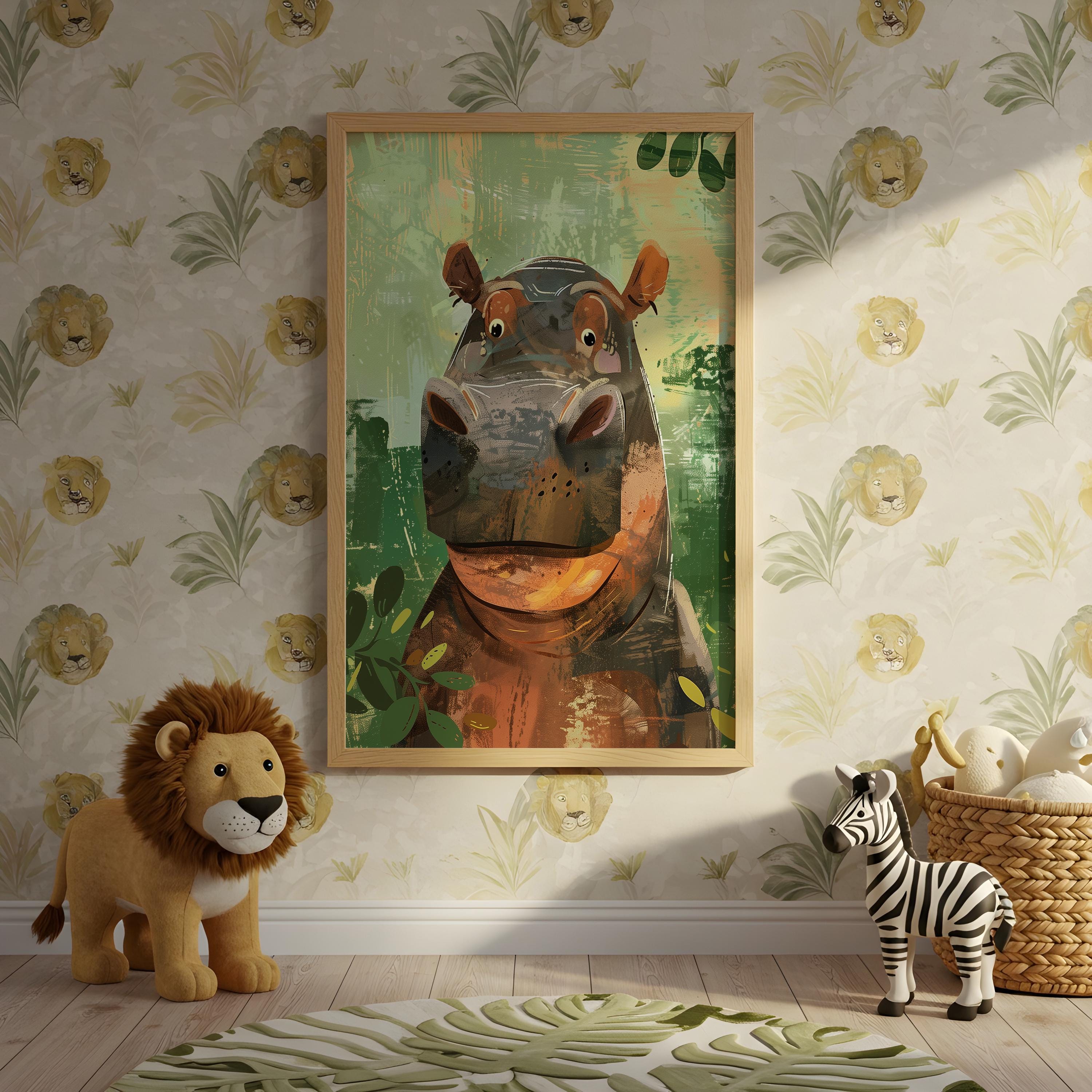 Hippo Nursery Wall Art – Safari Animal Print for Kids