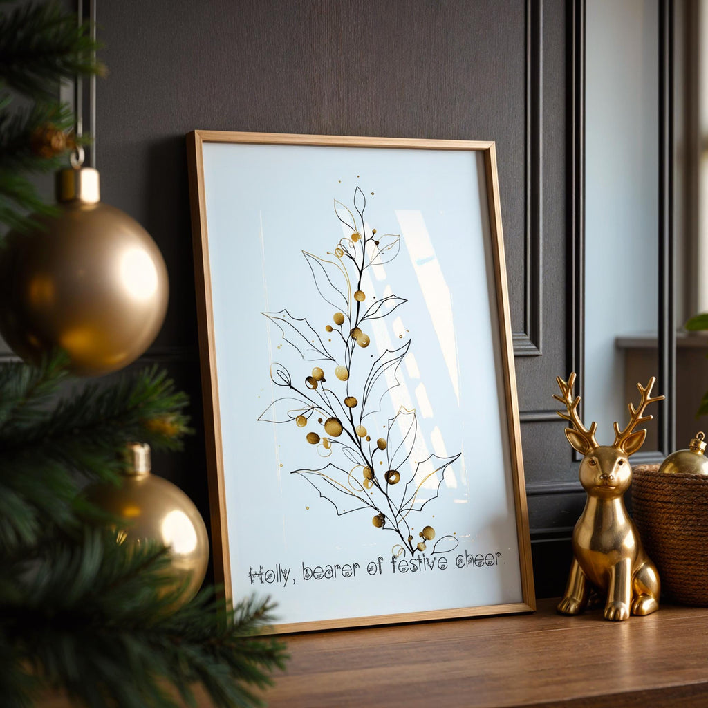 Minimalist Holly Christmas Poster – Elegant Botanical Wall Art for Festive Decor