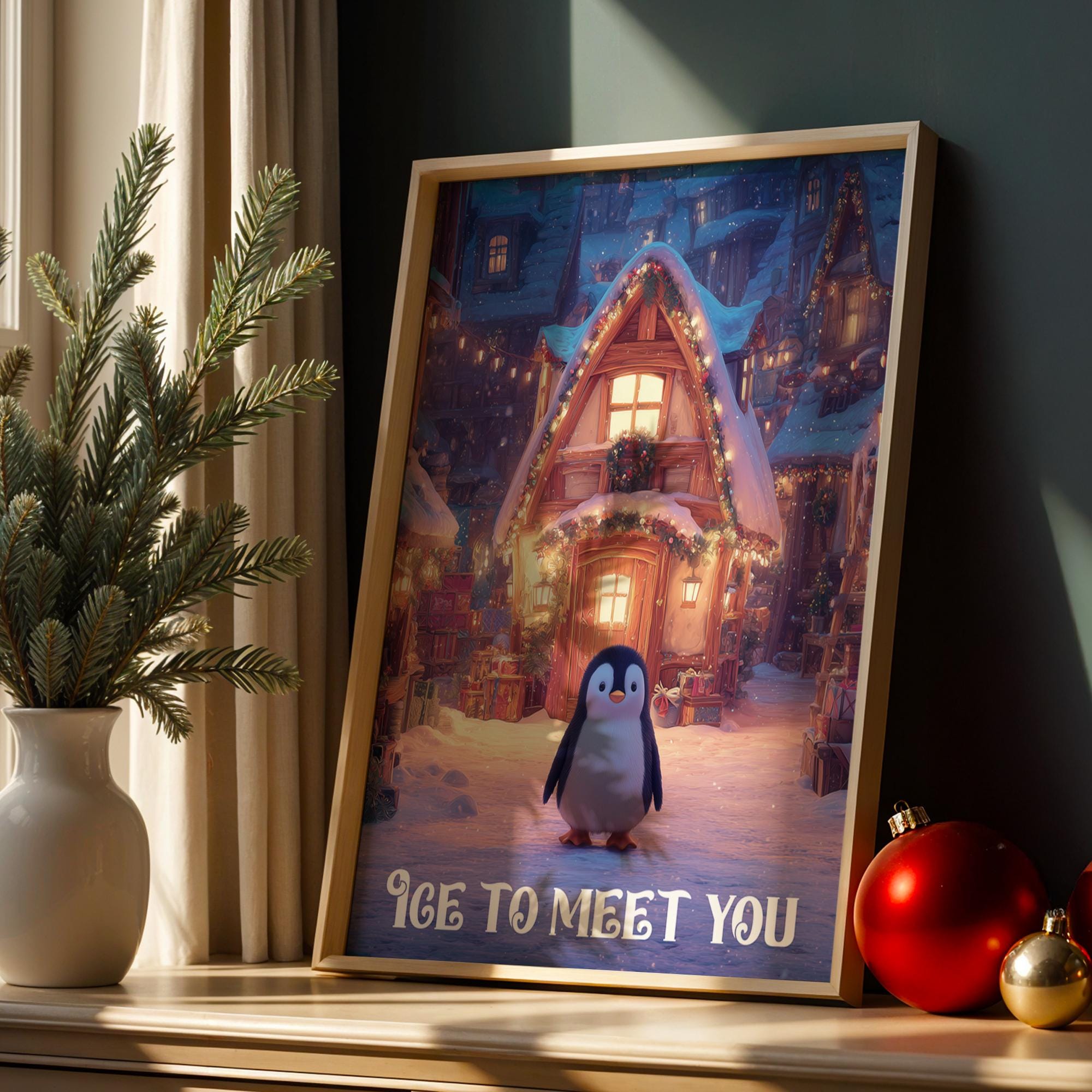 Cute Penguin Christmas Poster – Winter Wonderland Wall Art for Kids Room or Nursery
