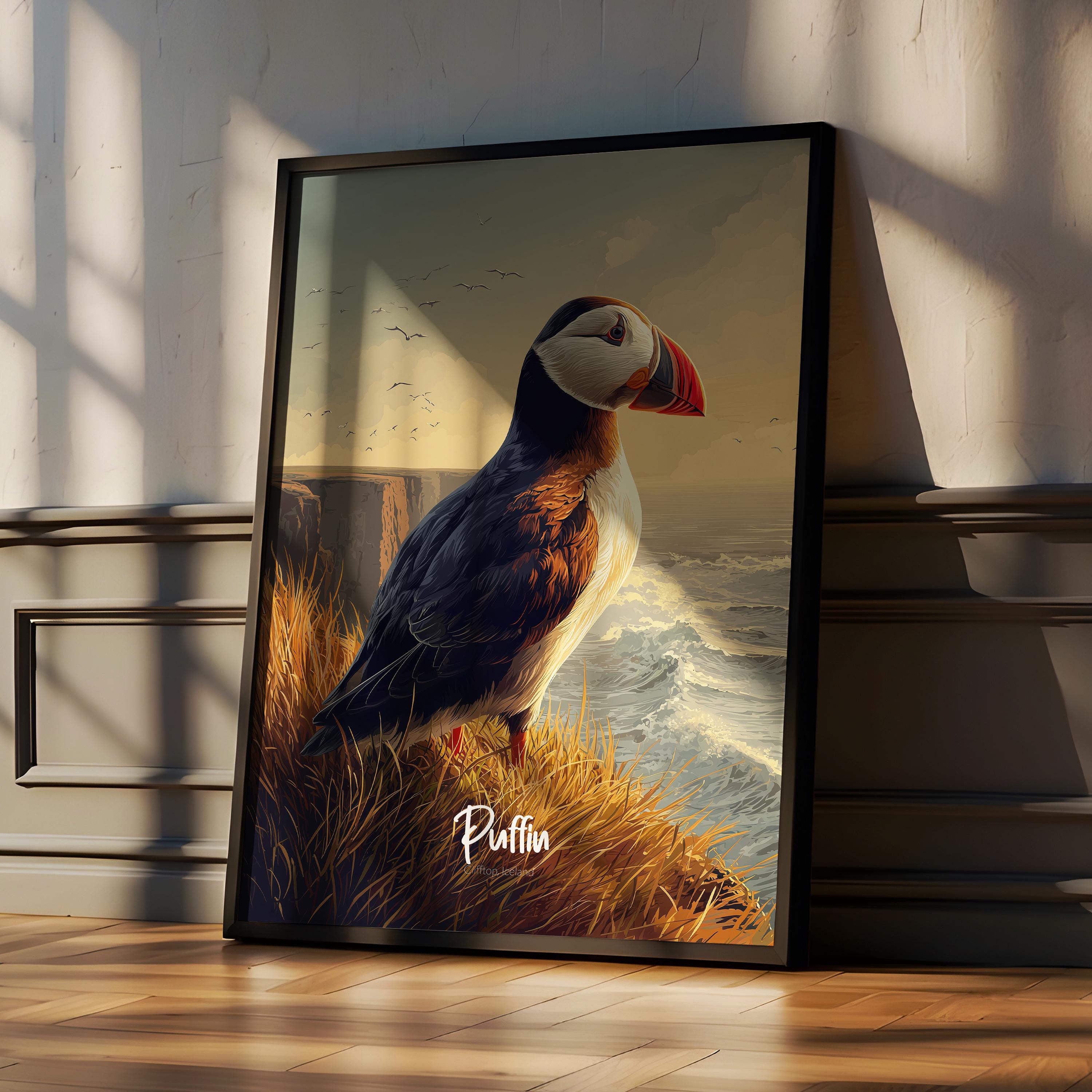 Puffin Framed Poster – Coastal Wildlife Art Print, Kids Room Decor