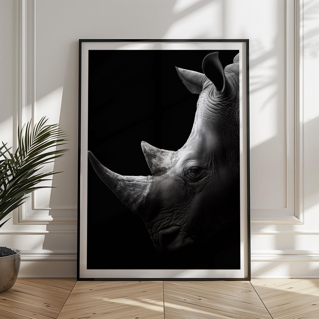 Black and White Rhino Wall Art Print – Powerful Wildlife Poster for Living Room, Office or Gift – Monochrome Safari Decor