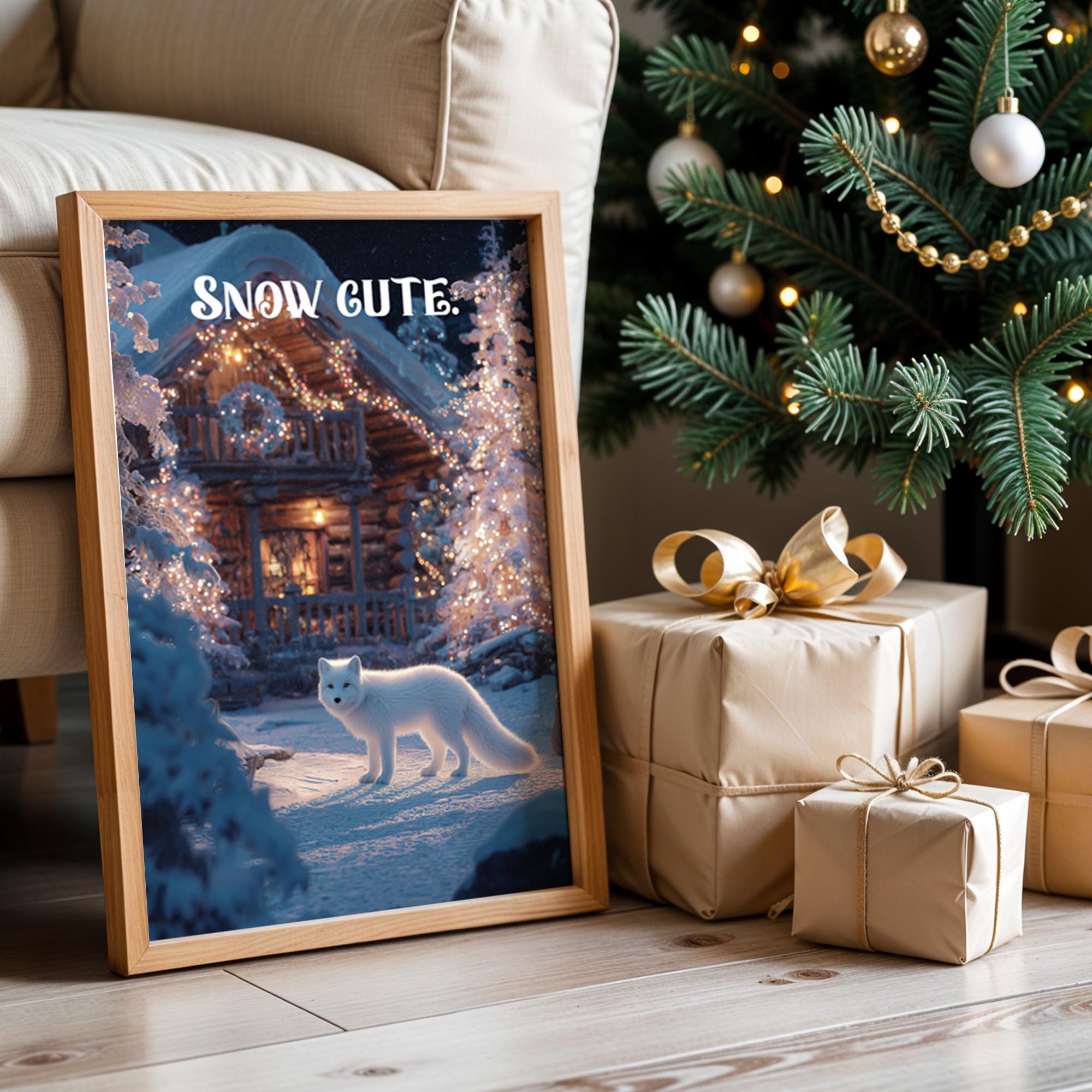 Arctic Fox Christmas Poster – Snowy Cabin Winter Wall Art